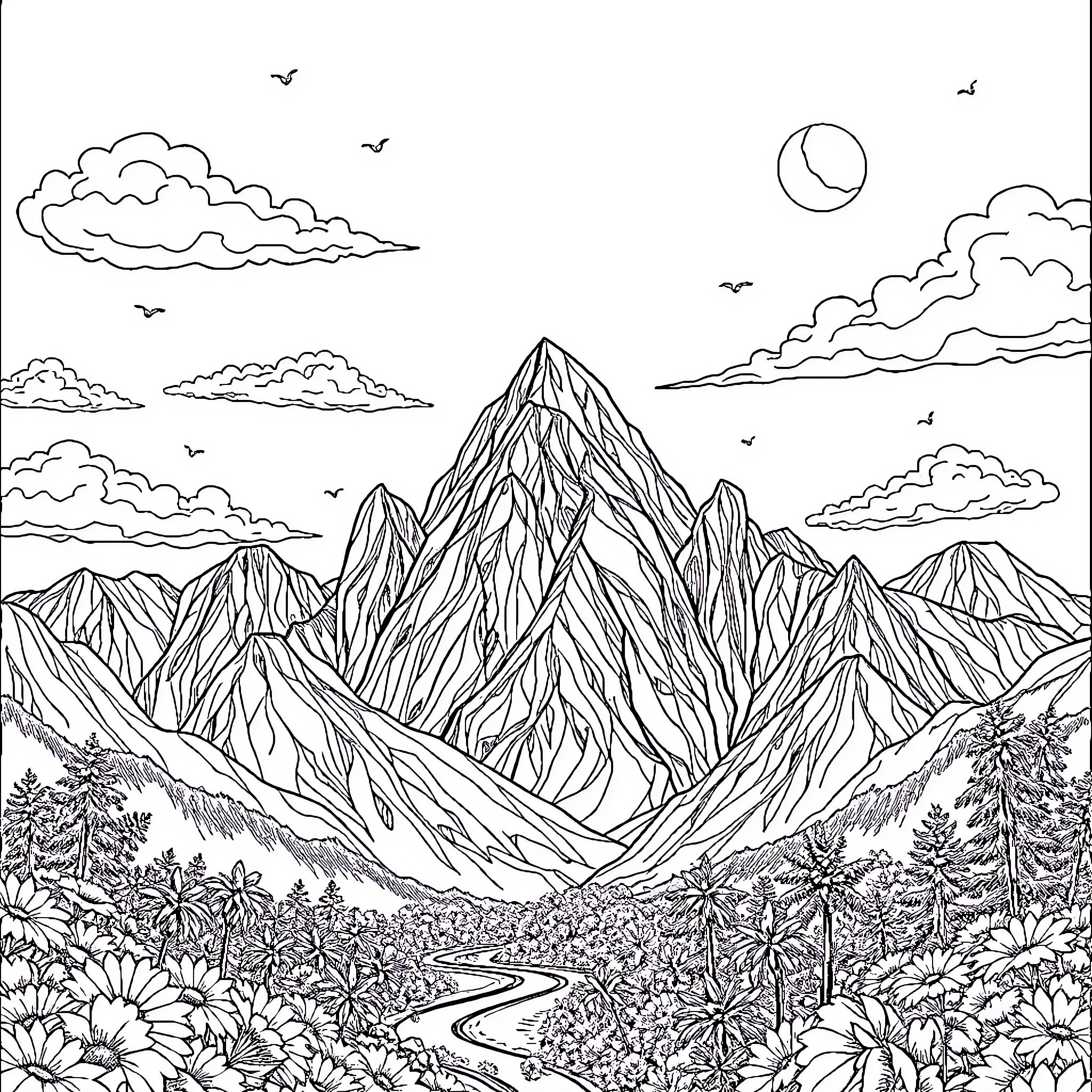 Scenery of majestic mountains and lush vegetation Coloring Page (free black-and-white line drawing printable PDF for all, from beginners to advanced learners, including children, teens, adults, and seniors)
