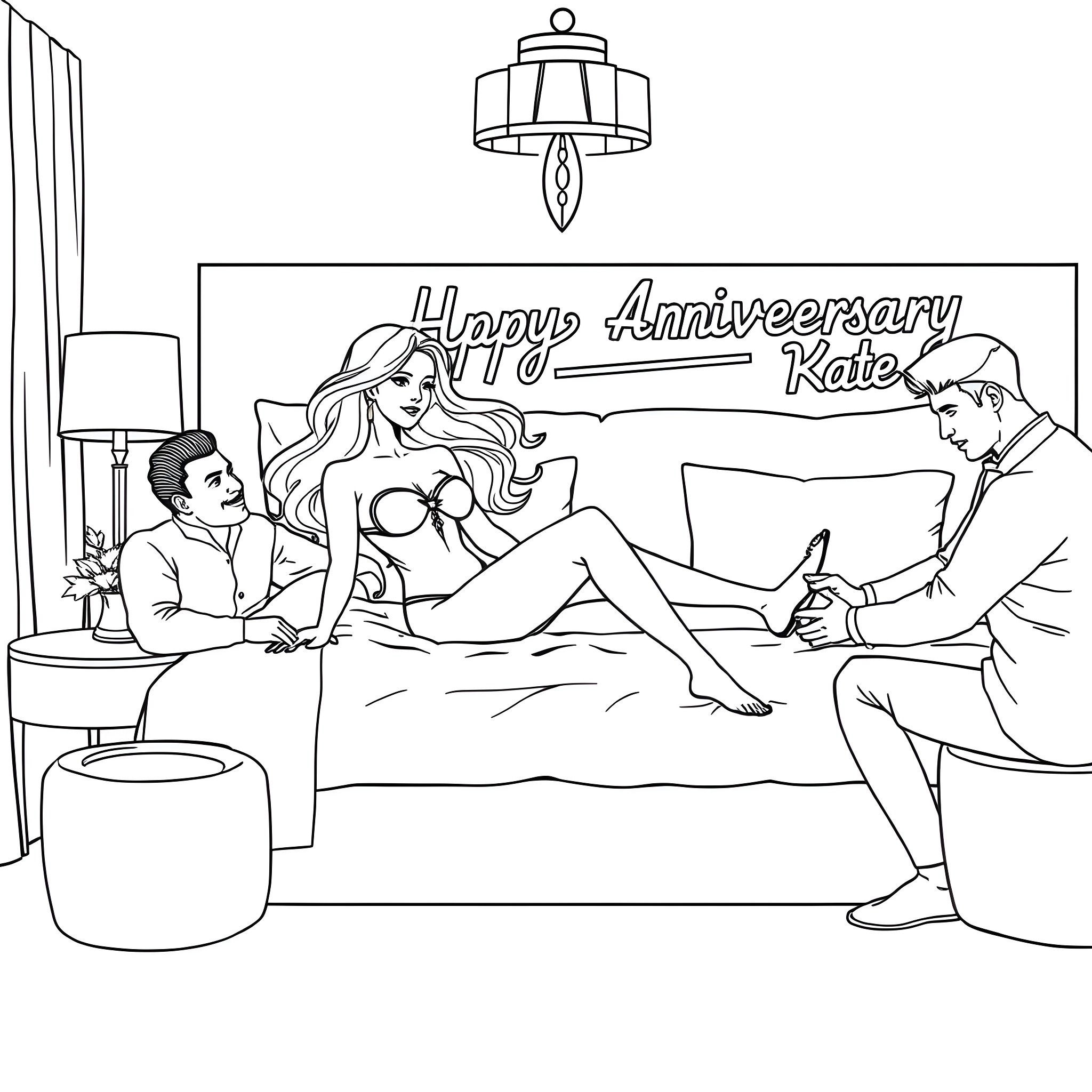 Woman celebrating anniversary with loved ones Coloring Page (free black-and-white line drawing printable PDF for all, from beginners to advanced learners, including children, teens, adults, and seniors)