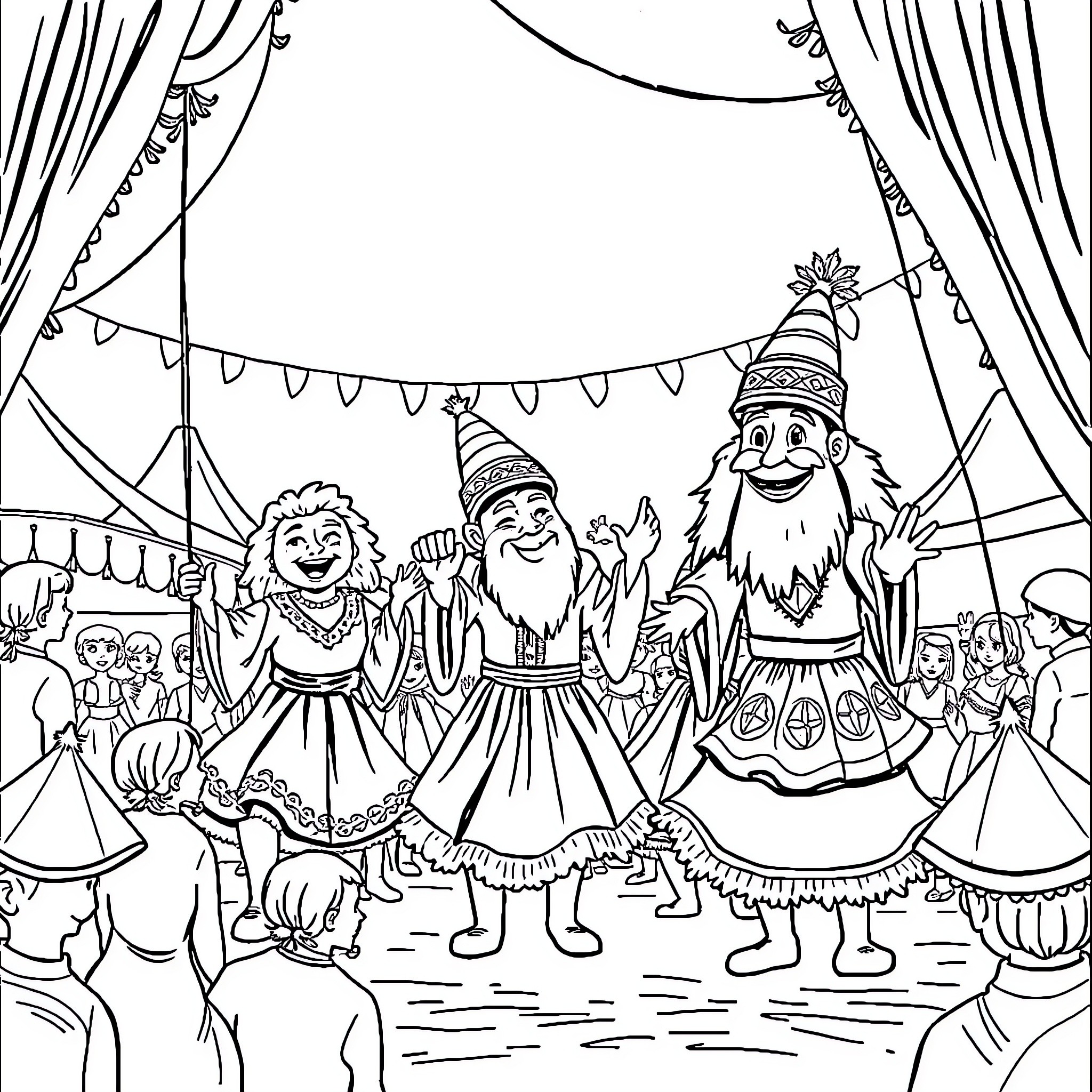 Ondel Ondel performers entertaining the crowd with colorful outfits Coloring Page (free black-and-white line drawing printable PDF for all, from beginners to advanced learners, including children, teens, adults, and seniors)