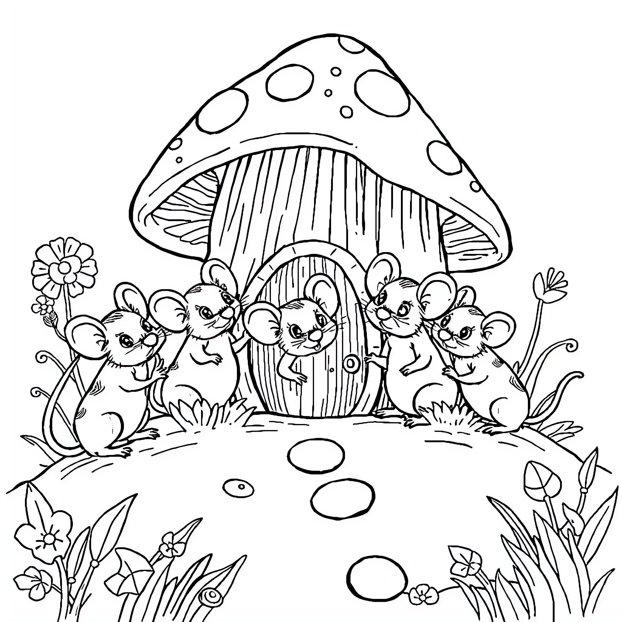 Mouse family exploring a whimsical mushroom home Coloring Page (free black-and-white line drawing printable PDF for all, from beginners to advanced learners, including children, teens, adults, and seniors)