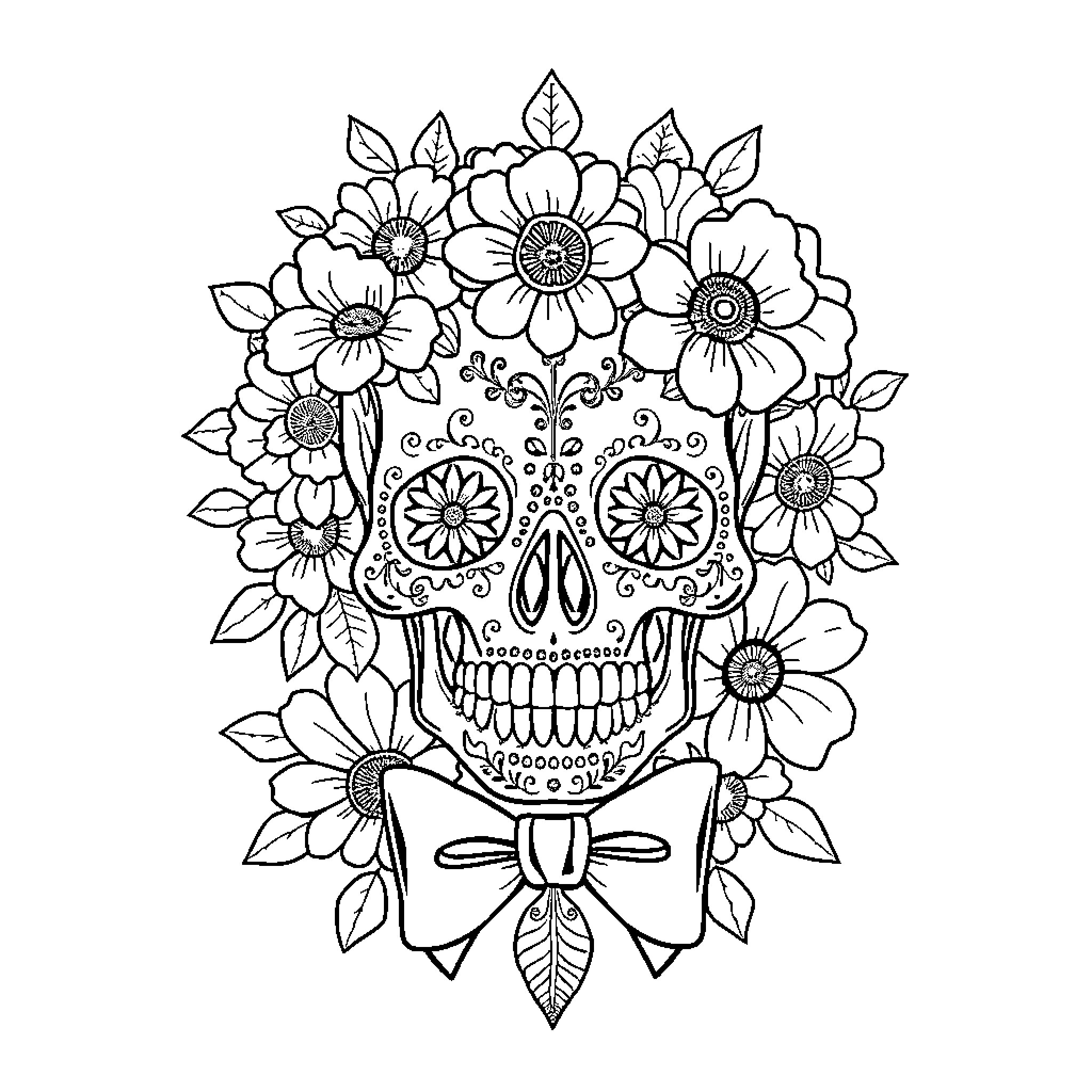 Skull adorned with ornate floral patterns Coloring Page (free black-and-white line drawing printable PDF for all, from beginners to advanced learners, including children, teens, adults, and seniors)