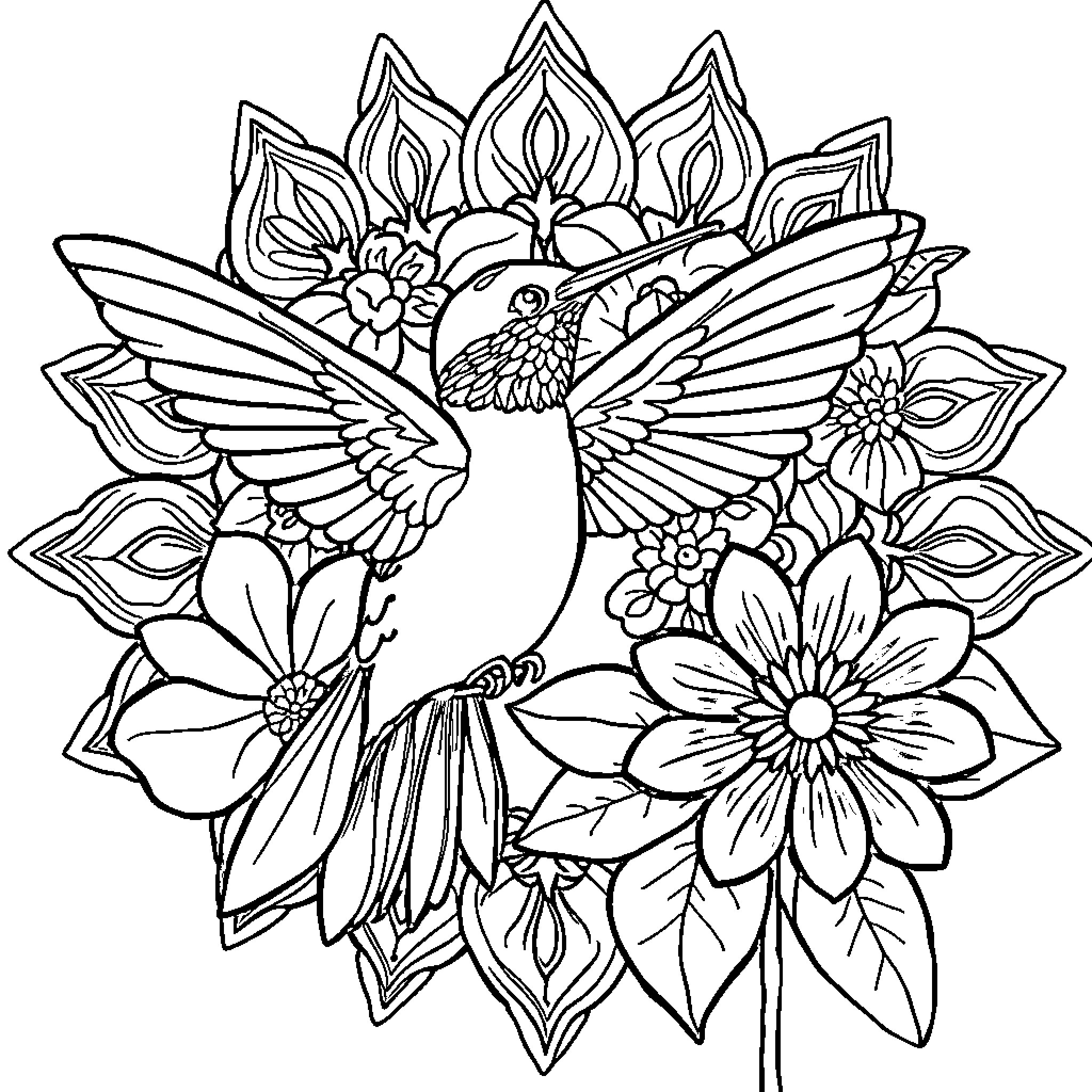 Hummingbird fluttering among floral designs Coloring Page (free black-and-white line drawing printable PDF for all, from beginners to advanced learners, including children, teens, adults, and seniors)