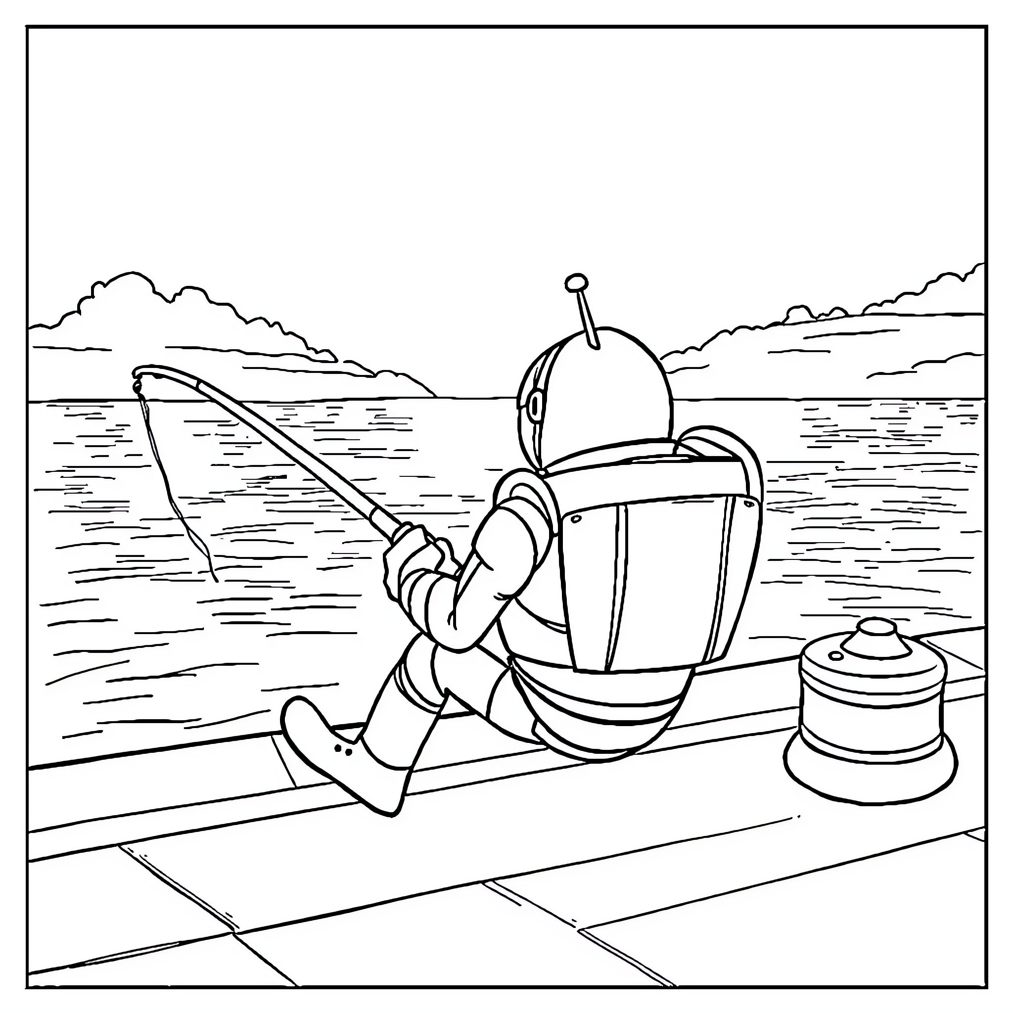 Buzz fishing on a tranquil lake Coloring Page (free black-and-white line drawing printable PDF for all, from beginners to advanced learners, including children, teens, adults, and seniors)