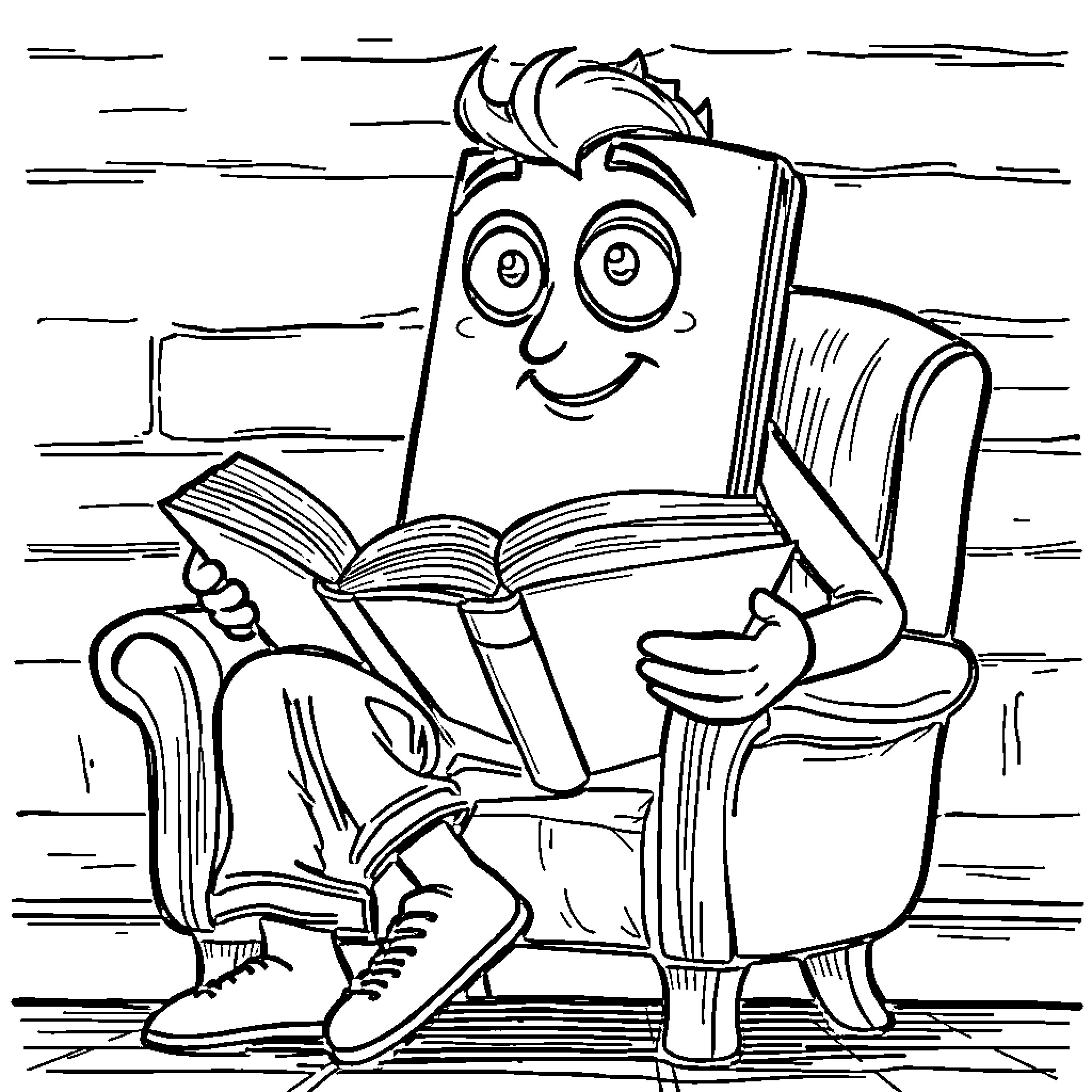 Book Character Reading Happily in Armchair Coloring Page (free black-and-white line drawing printable PDF for all, from beginners to advanced learners, including children, teens, adults, and seniors)
