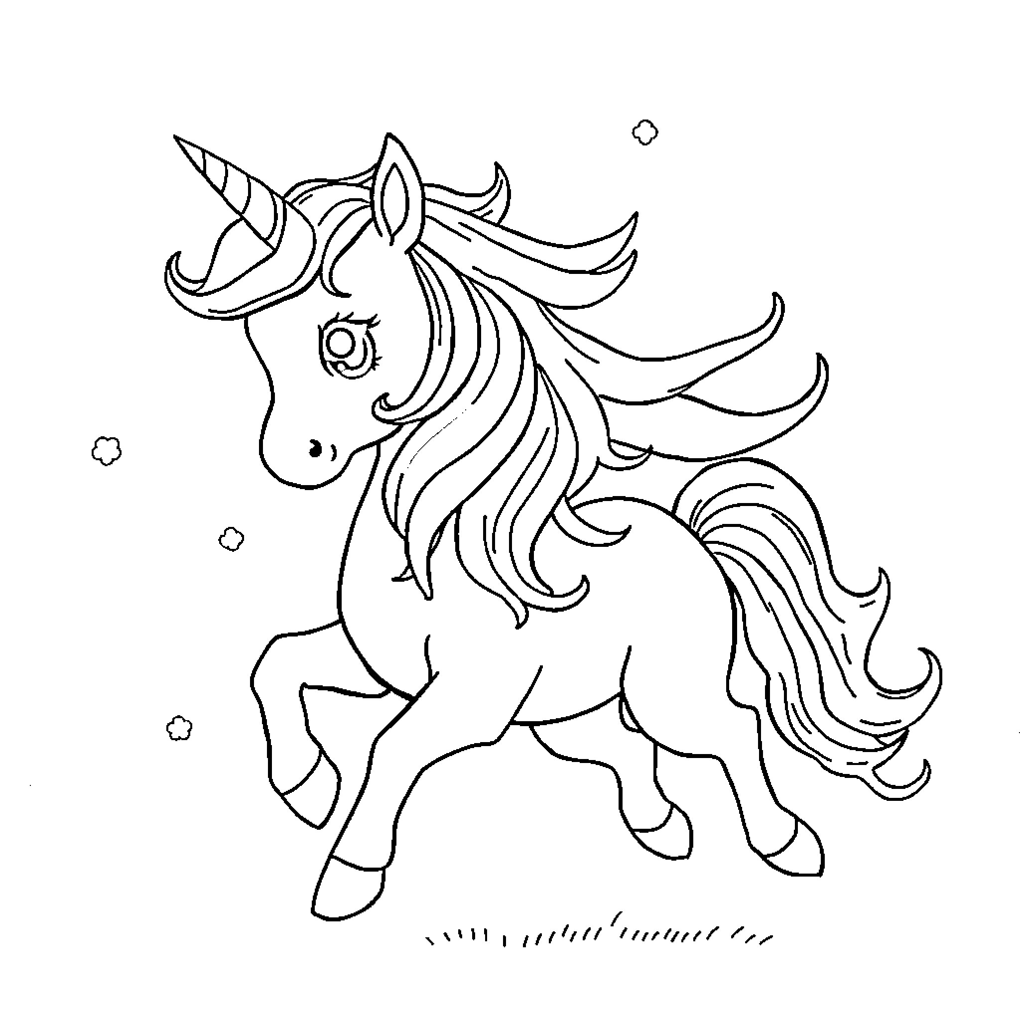 Unicorn prancing through a magical field Coloring Page (free black-and-white line drawing printable PDF for all, from beginners to advanced learners, including children, teens, adults, and seniors)
