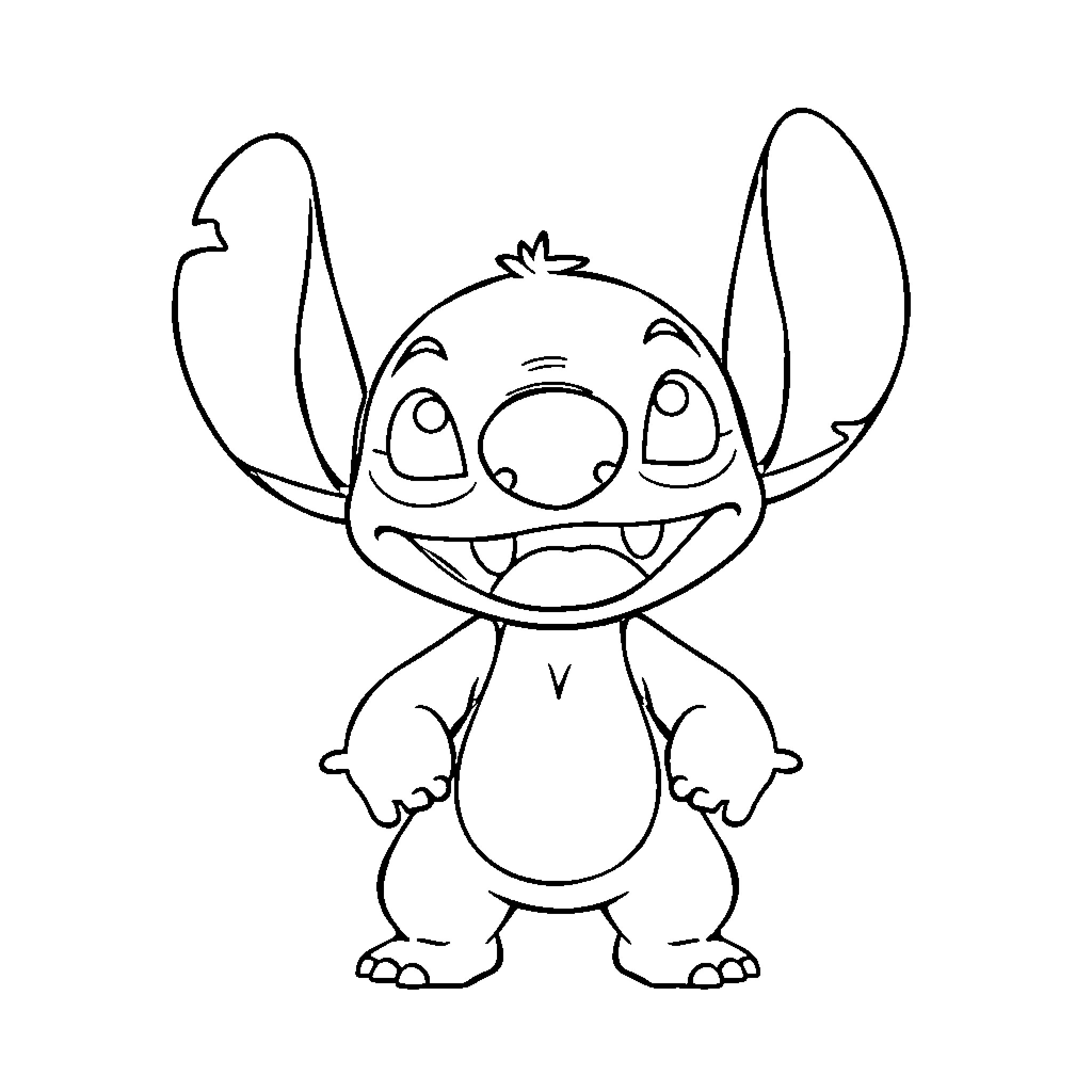 Stitch smiling and waving happily Coloring Page (free black-and-white line drawing printable PDF for all, from beginners to advanced learners, including children, teens, adults, and seniors)