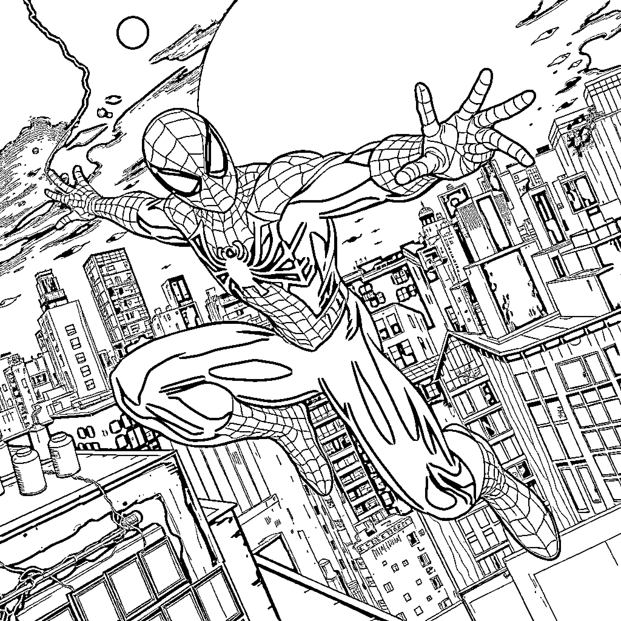 Spider-Man swinging through the city, saving the day Coloring Page (free black-and-white line drawing printable PDF for all, from beginners to advanced learners, including children, teens, adults, and seniors)