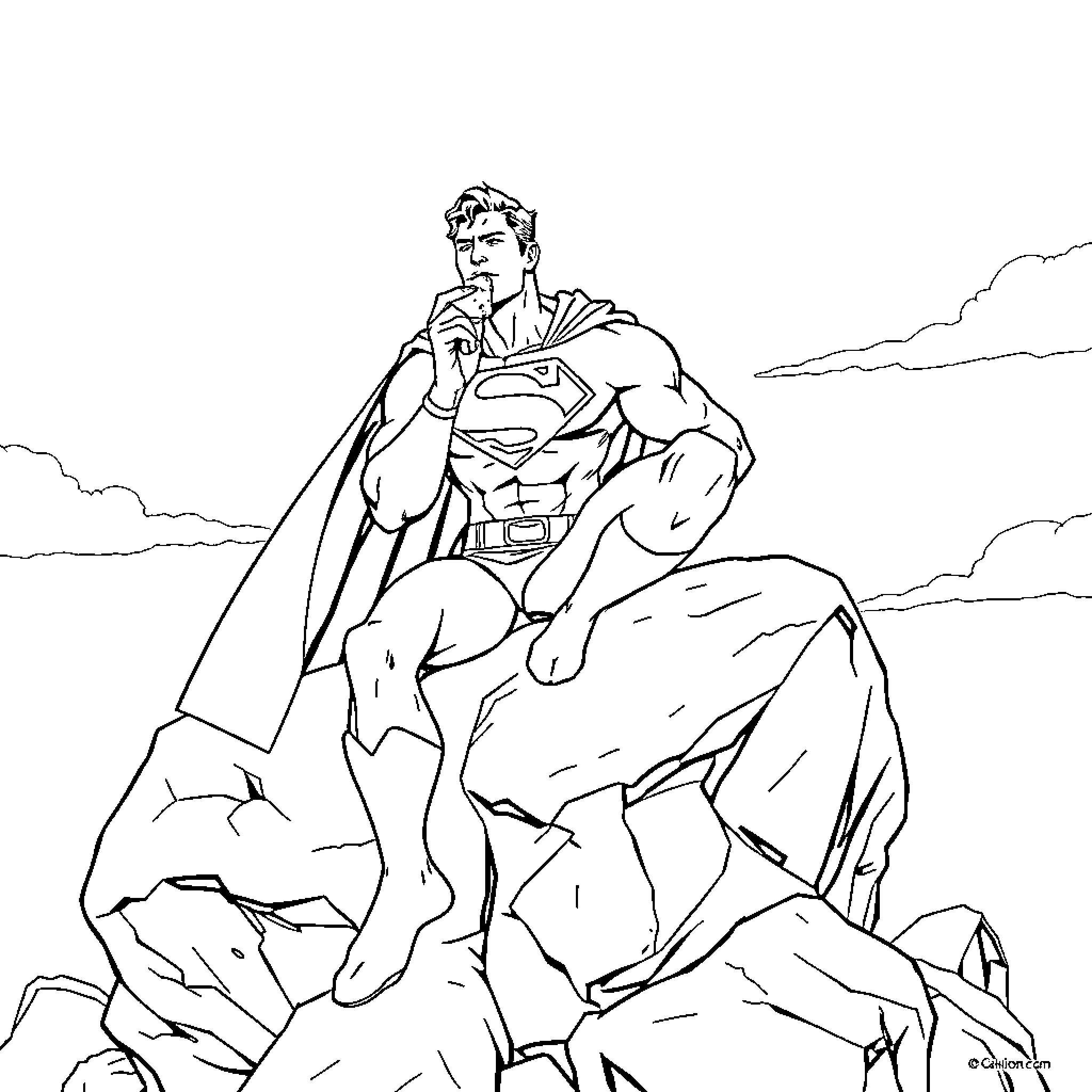 Superman standing heroically on rocky terrain Coloring Page (free black-and-white line drawing printable PDF for all, from beginners to advanced learners, including children, teens, adults, and seniors)