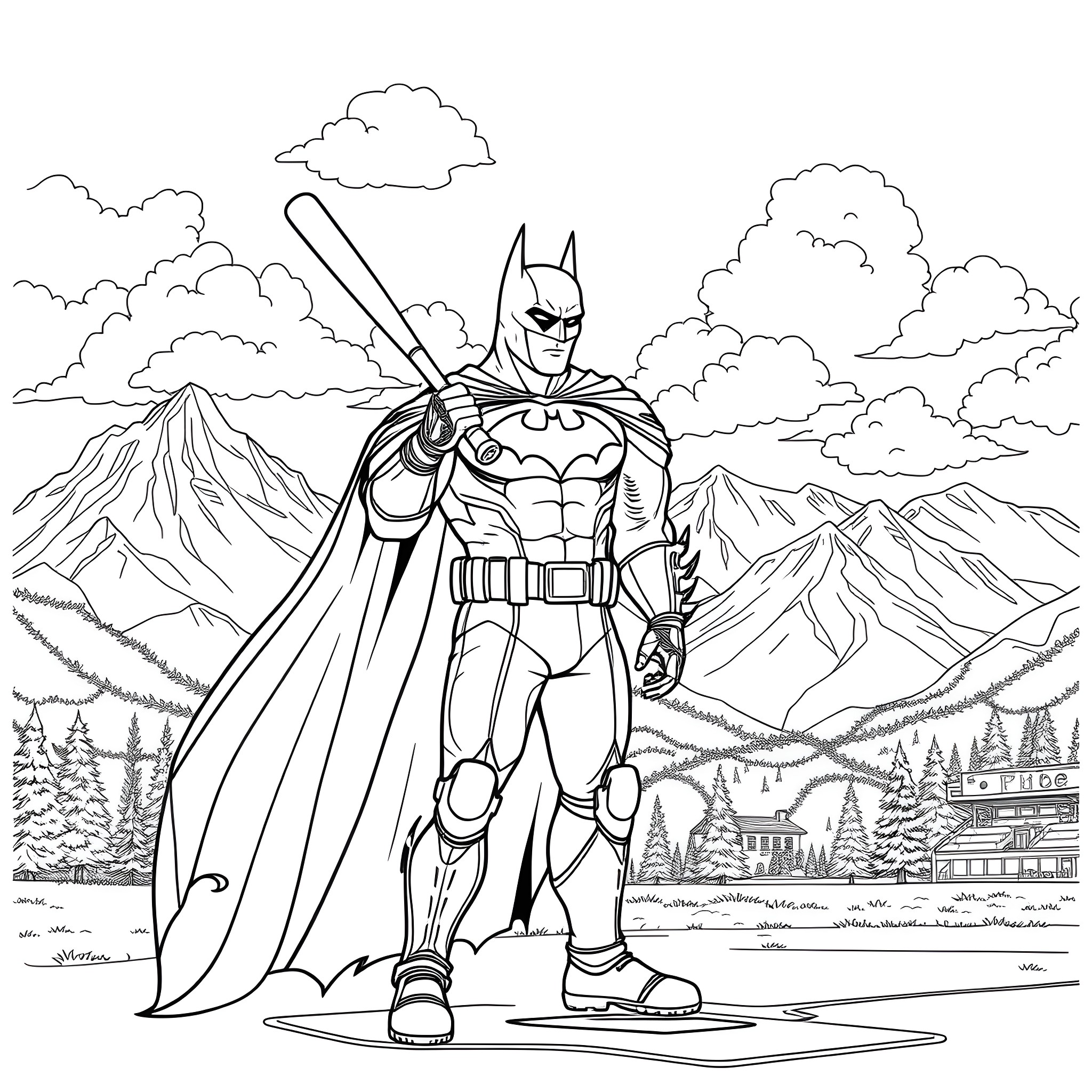 Batman heroically standing in a scenic mountain landscape Coloring Page (free black-and-white line drawing printable PDF for all, from beginners to advanced learners, including children, teens, adults, and seniors)