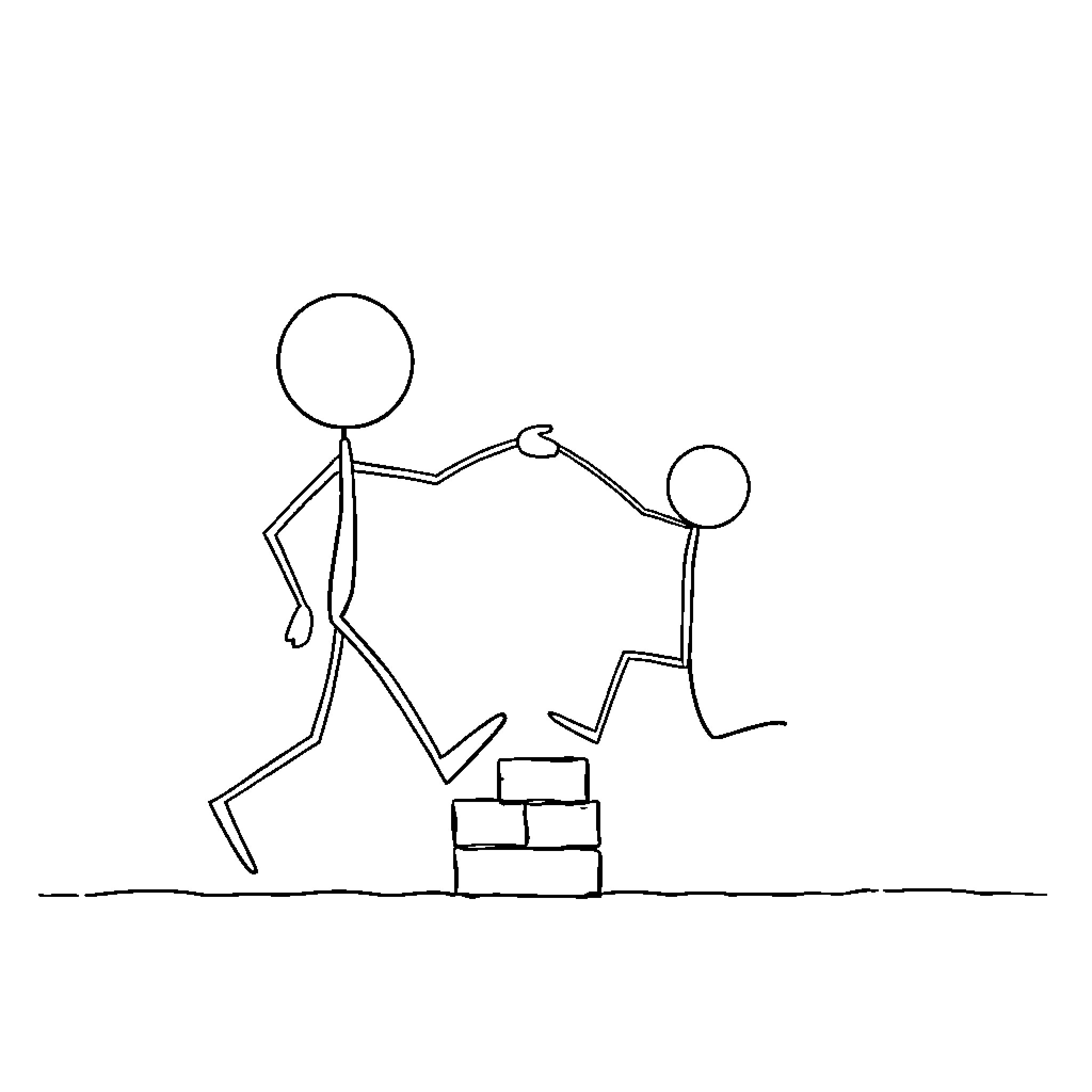 Stick Person Helping Another Carry Boxes Coloring Page (free black-and-white line drawing printable PDF for all, from beginners to advanced learners, including children, teens, adults, and seniors)