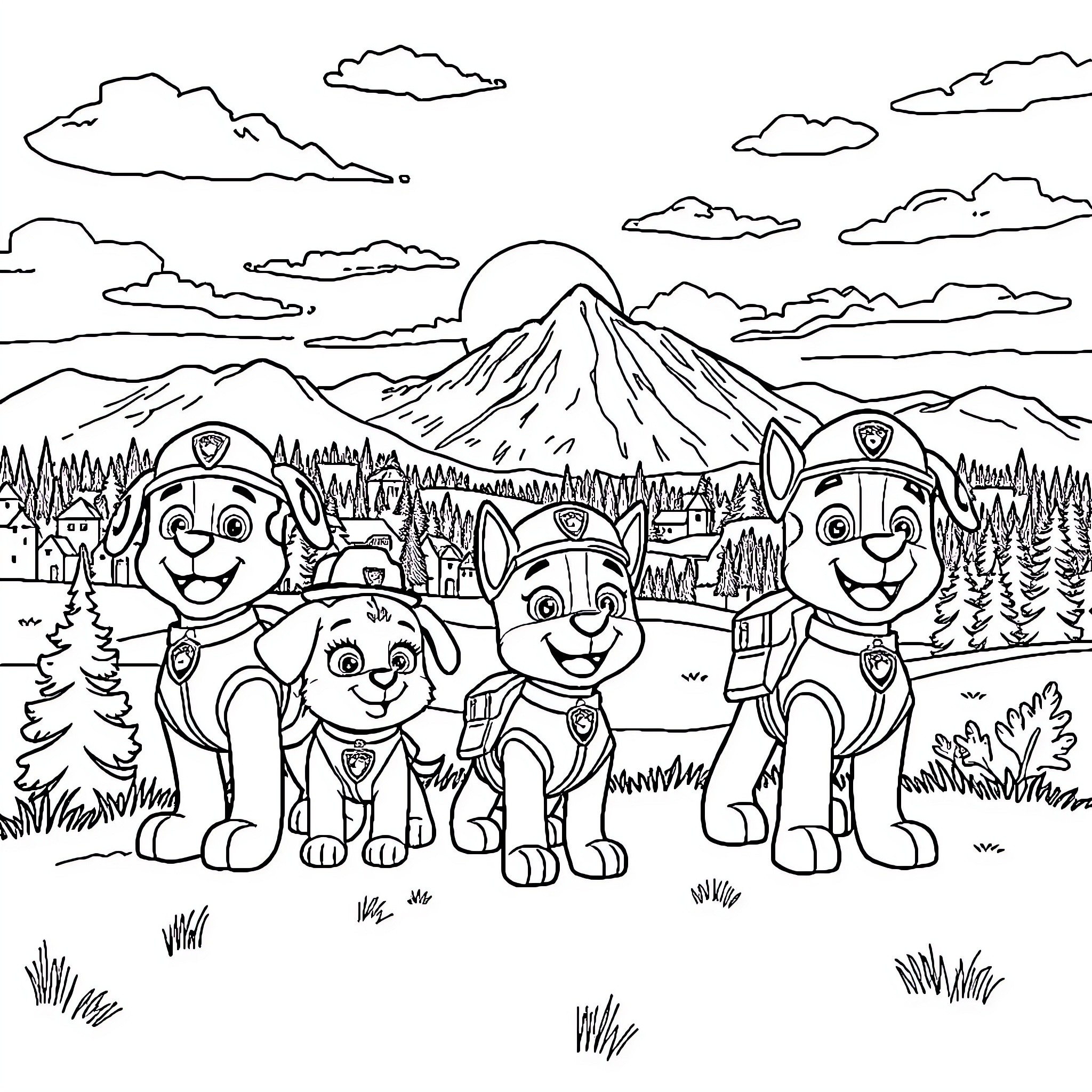 Paw Patrol characters exploring the outdoors Coloring Page (free black-and-white line drawing printable PDF for all, from beginners to advanced learners, including children, teens, adults, and seniors)