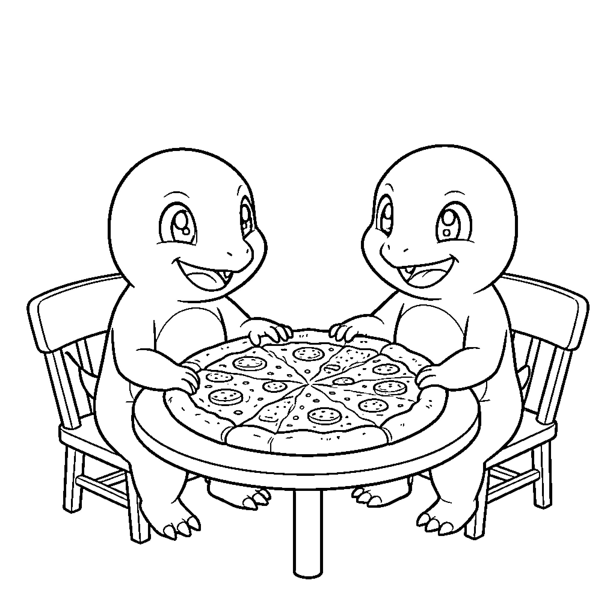 Charmander Enjoying Pizza with Friends Coloring Page (free black-and-white line drawing printable PDF for all, from beginners to advanced learners, including children, teens, adults, and seniors)