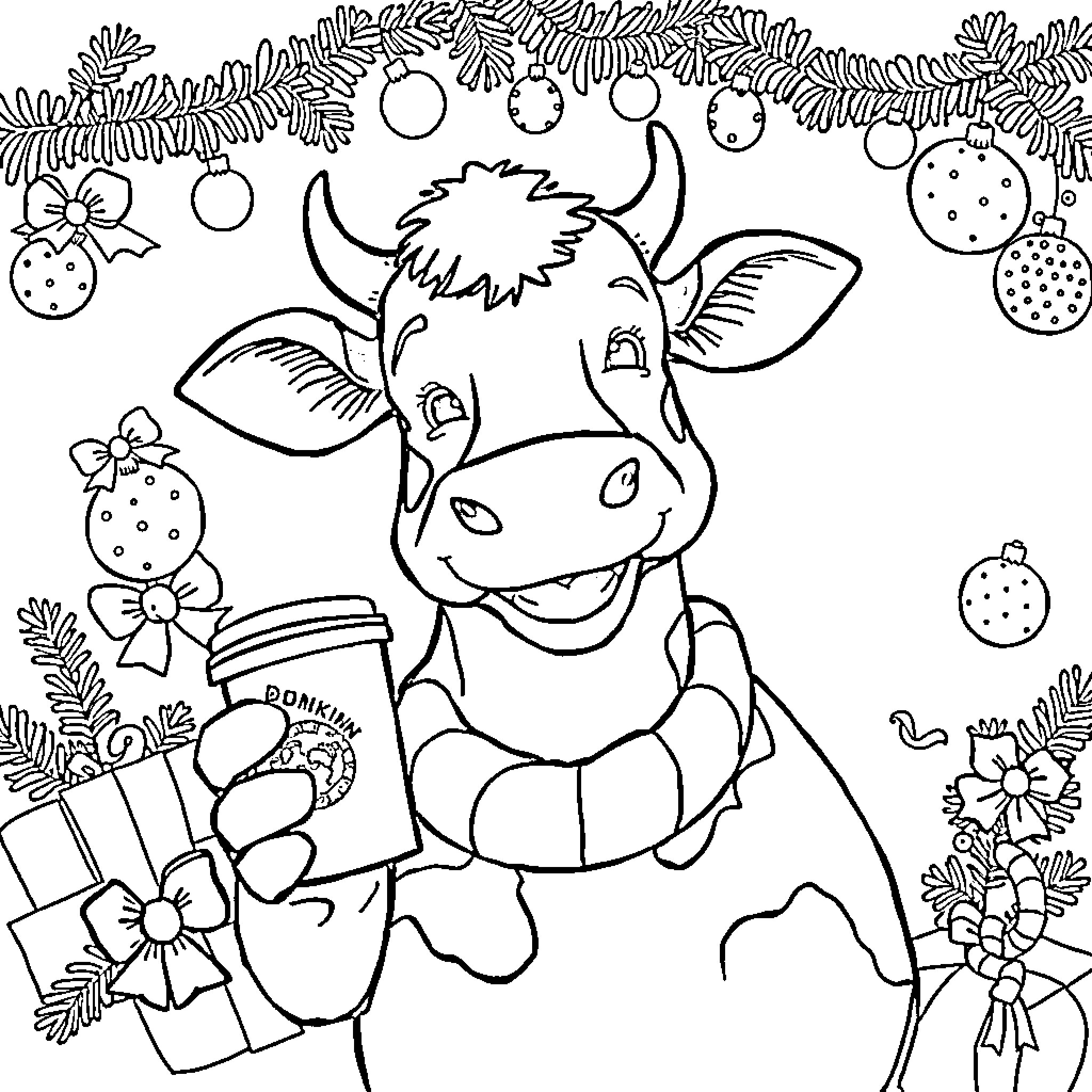 Cow enjoying festive decorations and gifts Coloring Page (free black-and-white line drawing printable PDF for all, from beginners to advanced learners, including children, teens, adults, and seniors)
