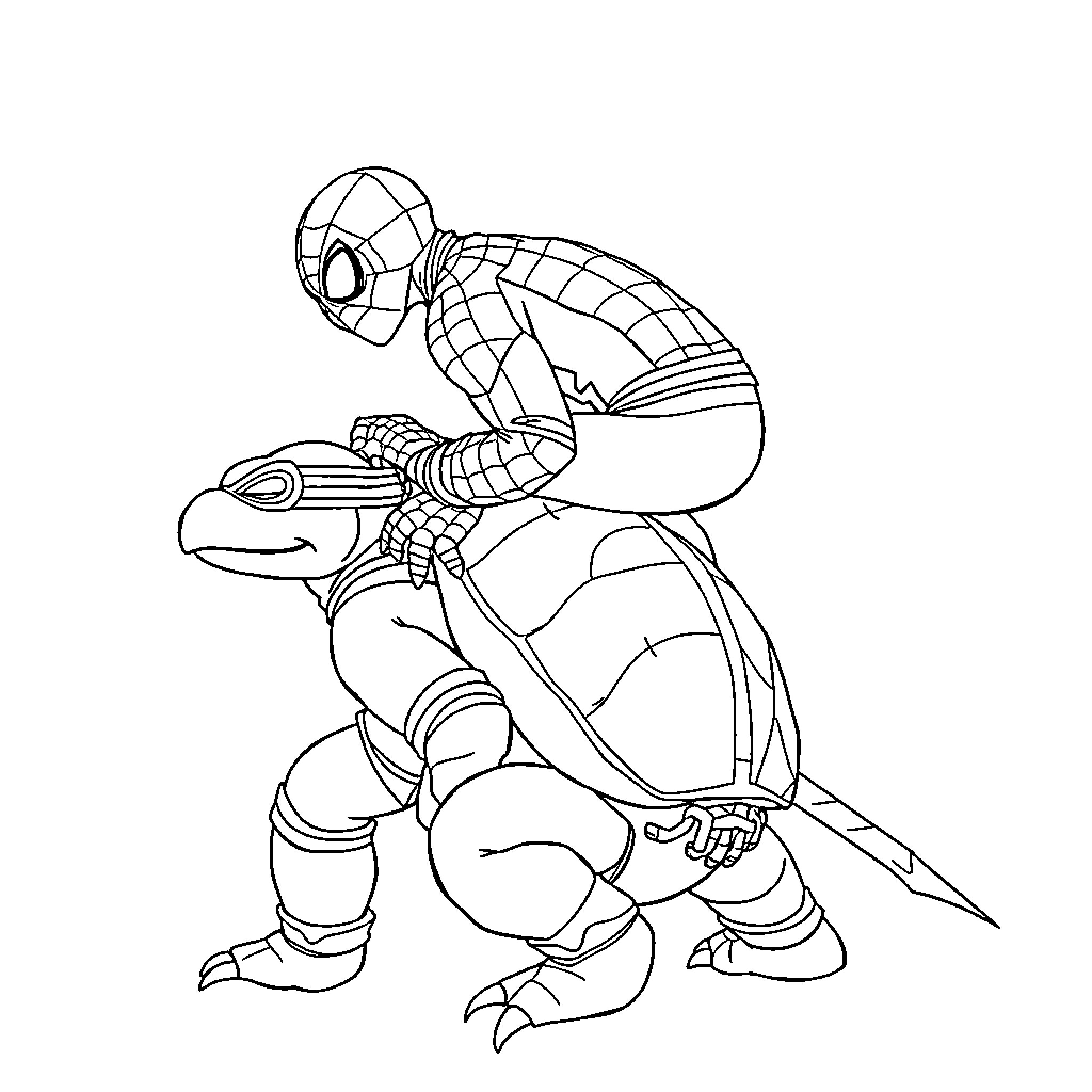 Spiderman fighting a monster with a sword Coloring Page (free black-and-white line drawing printable PDF for all, from beginners to advanced learners, including children, teens, adults, and seniors)