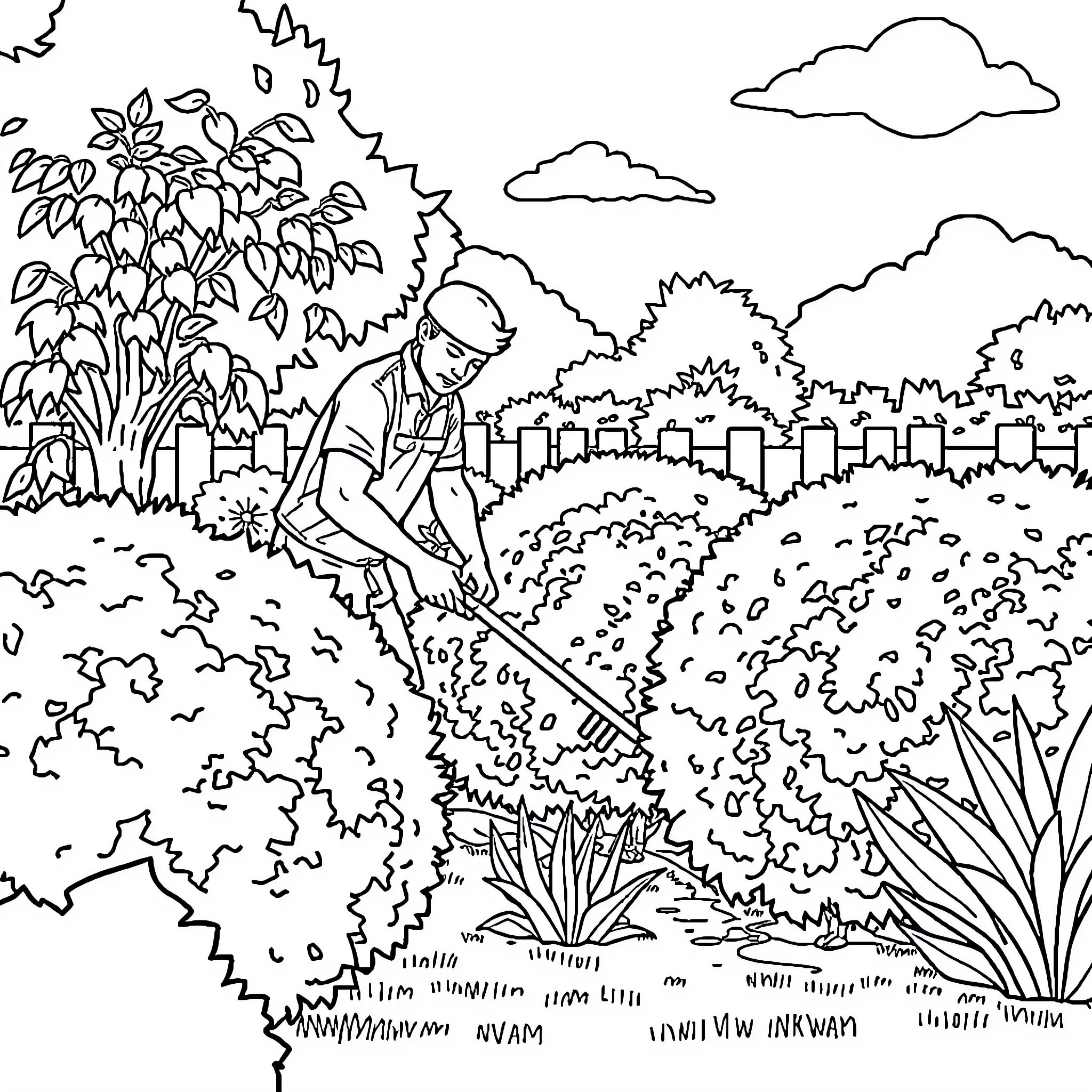 Guy gardening in a lush outdoor scene Coloring Page (free black-and-white line drawing printable PDF for all, from beginners to advanced learners, including children, teens, adults, and seniors)
