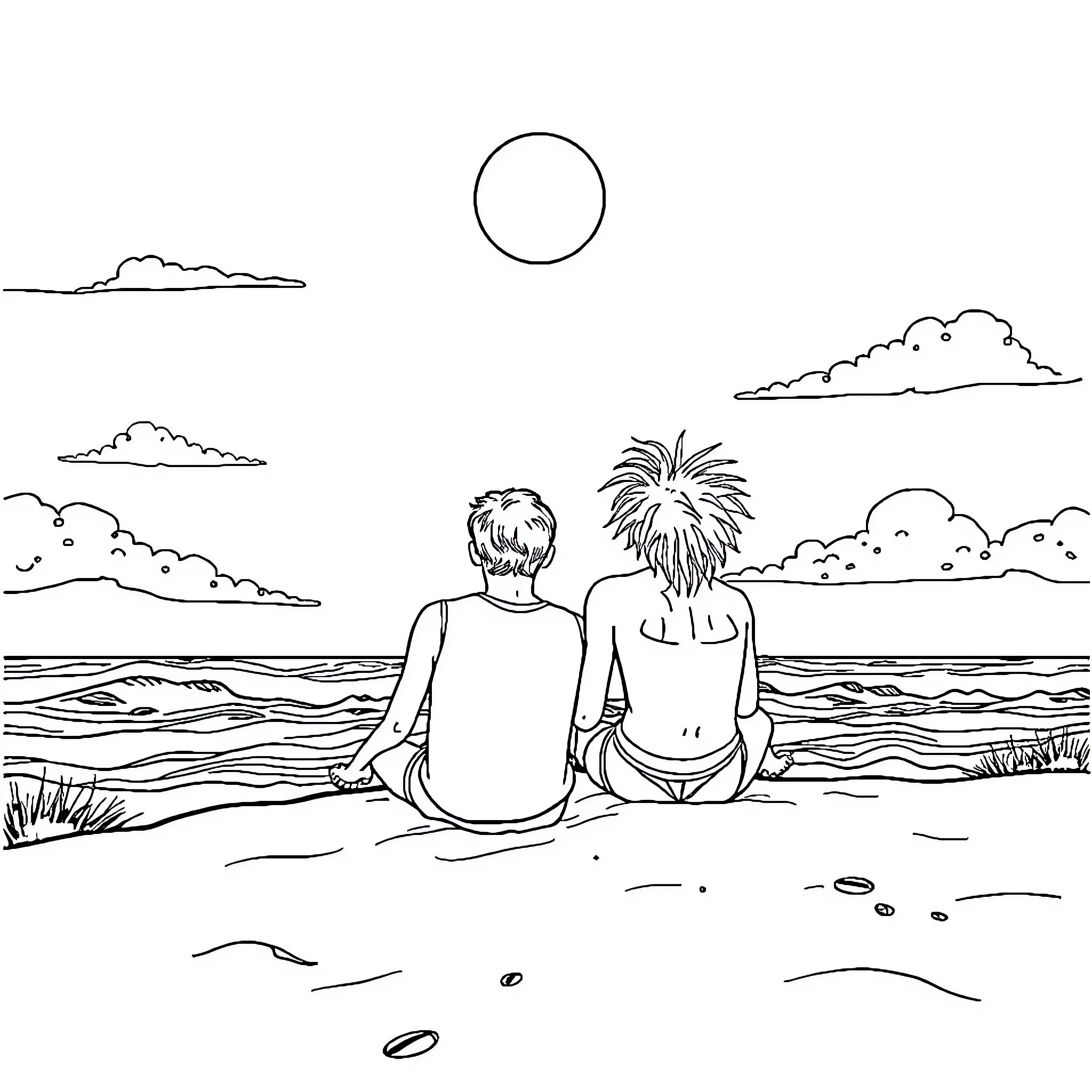 Justin Herbert's casual beach day with a friend Coloring Page (free black-and-white line drawing printable PDF for all, from beginners to advanced learners, including children, teens, adults, and seniors)