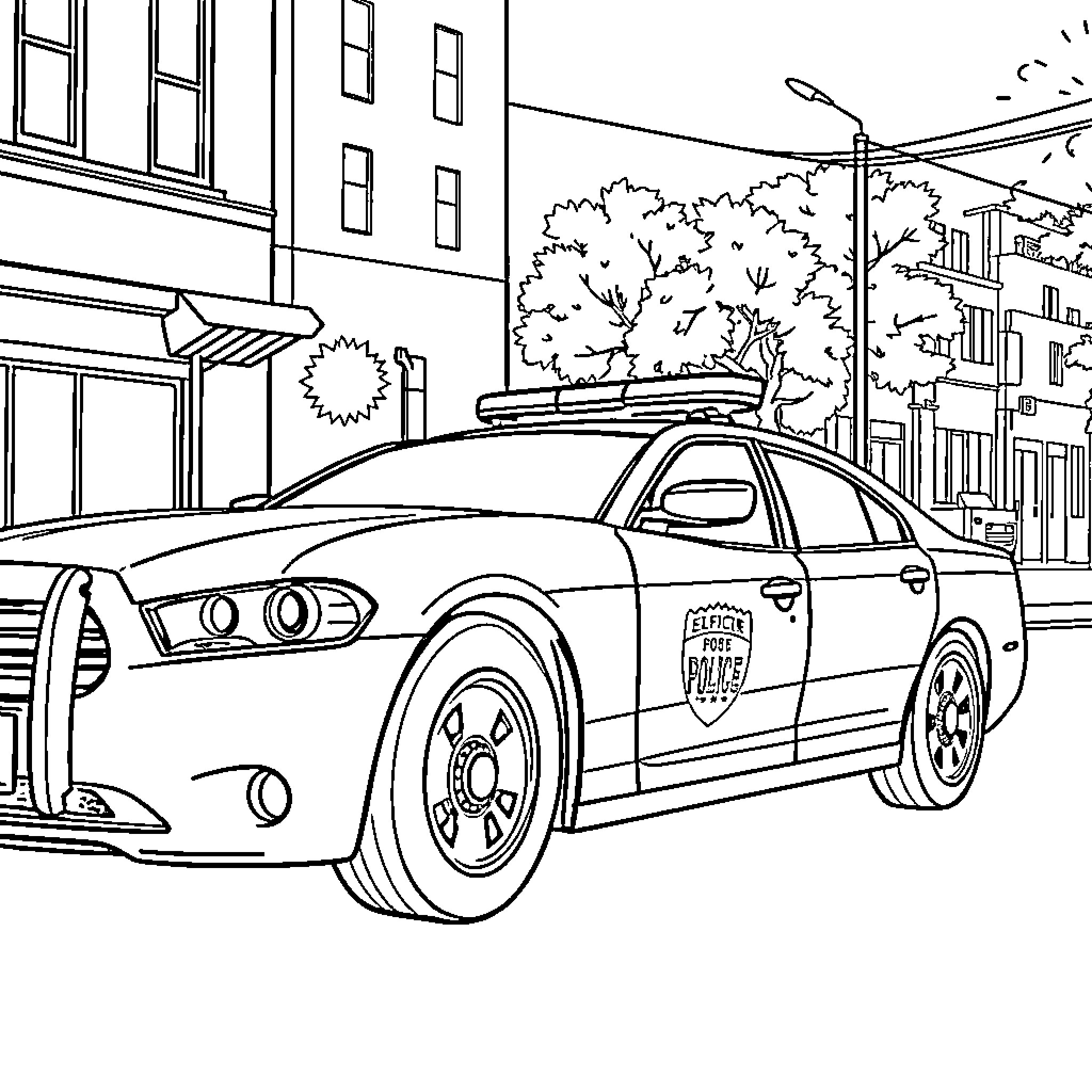 Police Car on a City Street Coloring Page (free black-and-white line drawing printable PDF for all, from beginners to advanced learners, including children, teens, adults, and seniors)