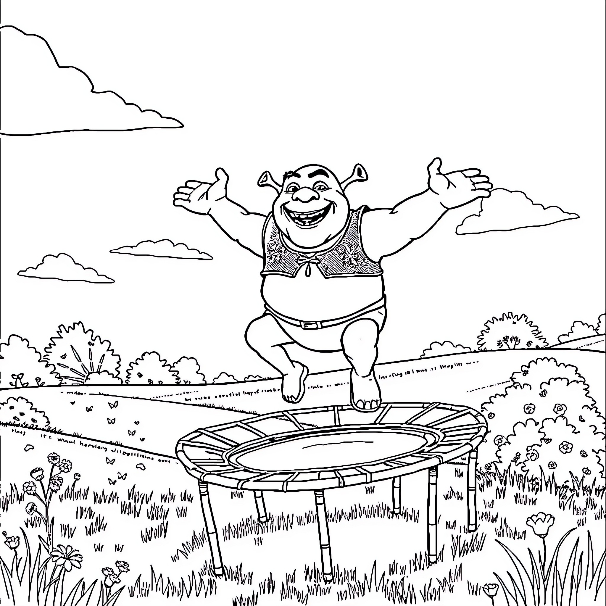 Shrek jumping gleefully on a trampoline in the countryside Coloring Page (free black-and-white line drawing printable PDF for all, from beginners to advanced learners, including children, teens, adults, and seniors)