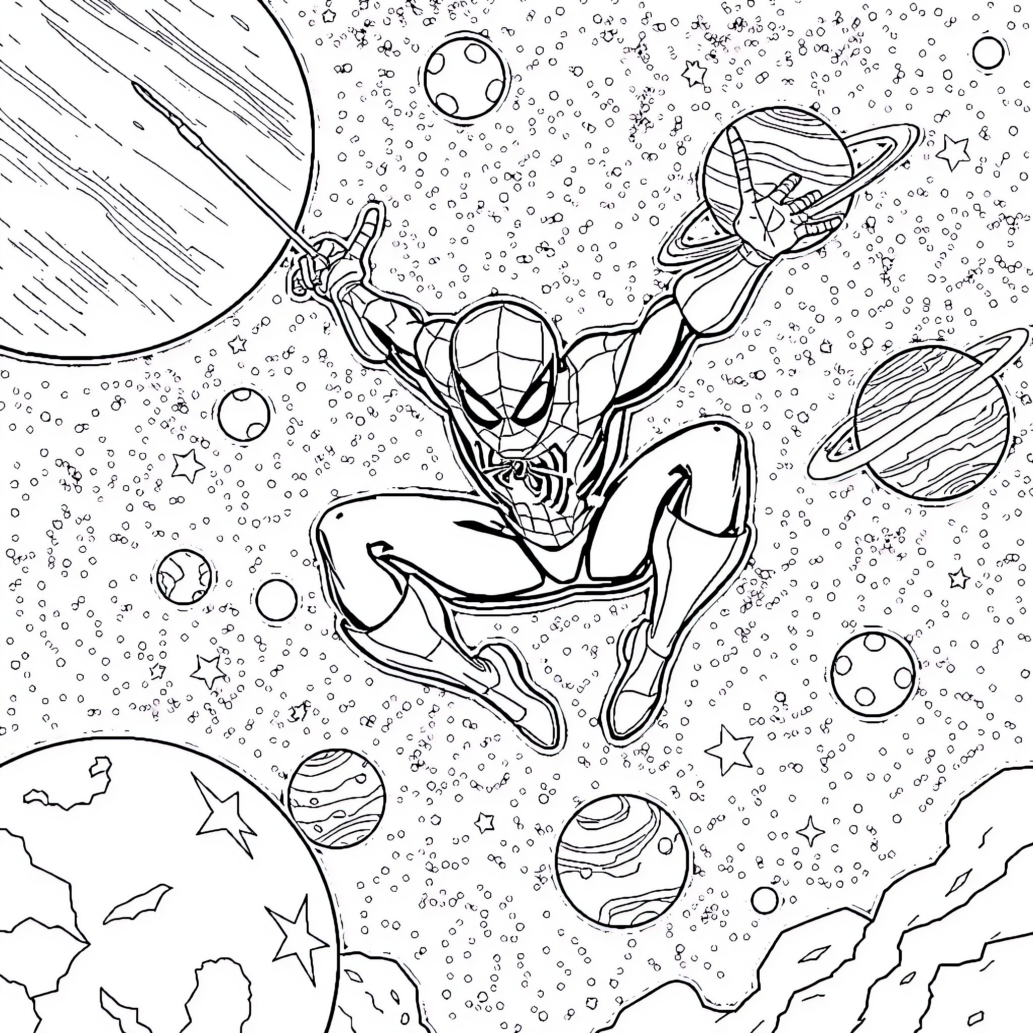 Spider-Man Swinging through the Cosmic Universe Coloring Page (free black-and-white line drawing printable PDF for all, from beginners to advanced learners, including children, teens, adults, and seniors)