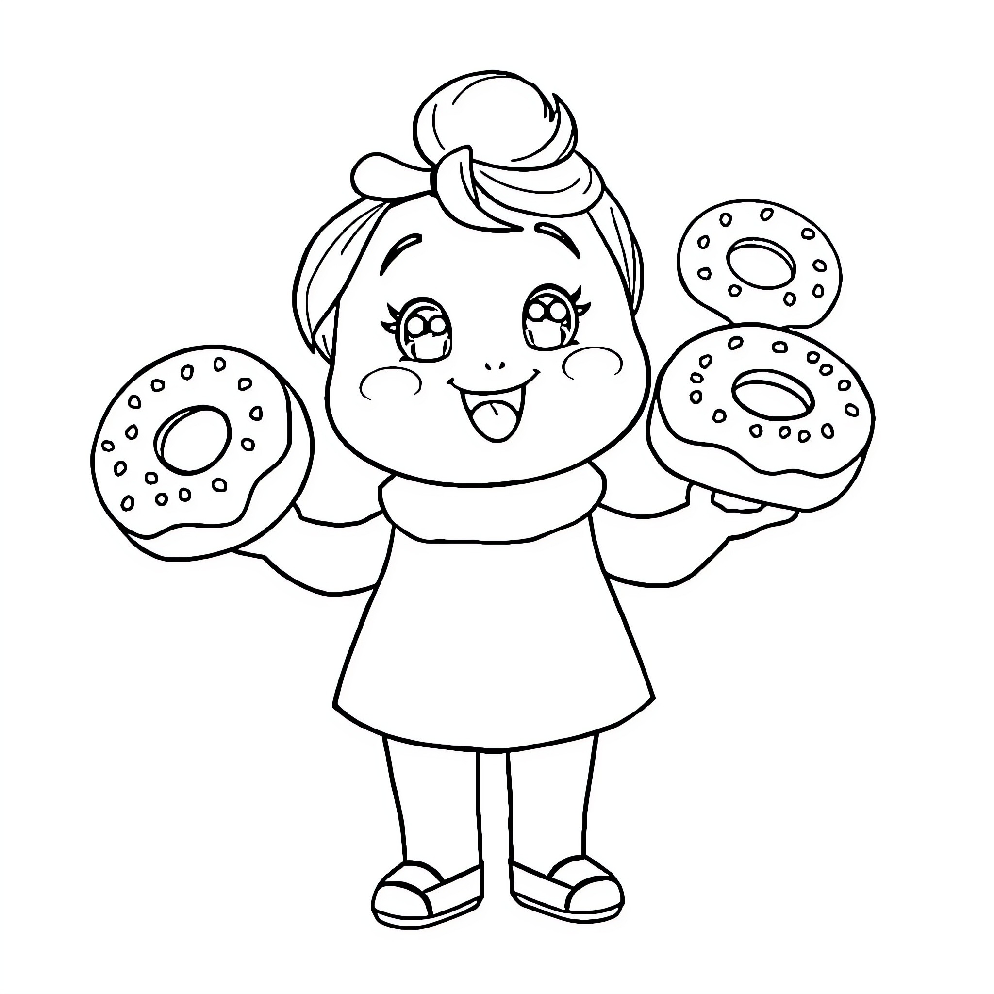 Kawaii Girl Joyfully Holding Donuts Coloring Page (free black-and-white line drawing printable PDF for all, from beginners to advanced learners, including children, teens, adults, and seniors)