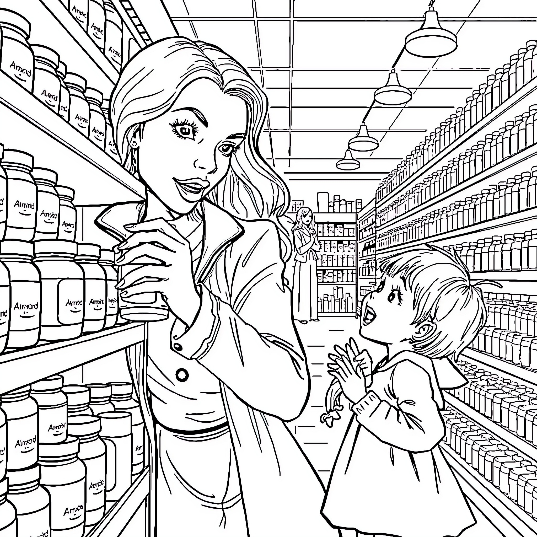 Woman shopping with her child in the grocery store Coloring Page (free black-and-white line drawing printable PDF for all, from beginners to advanced learners, including children, teens, adults, and seniors)
