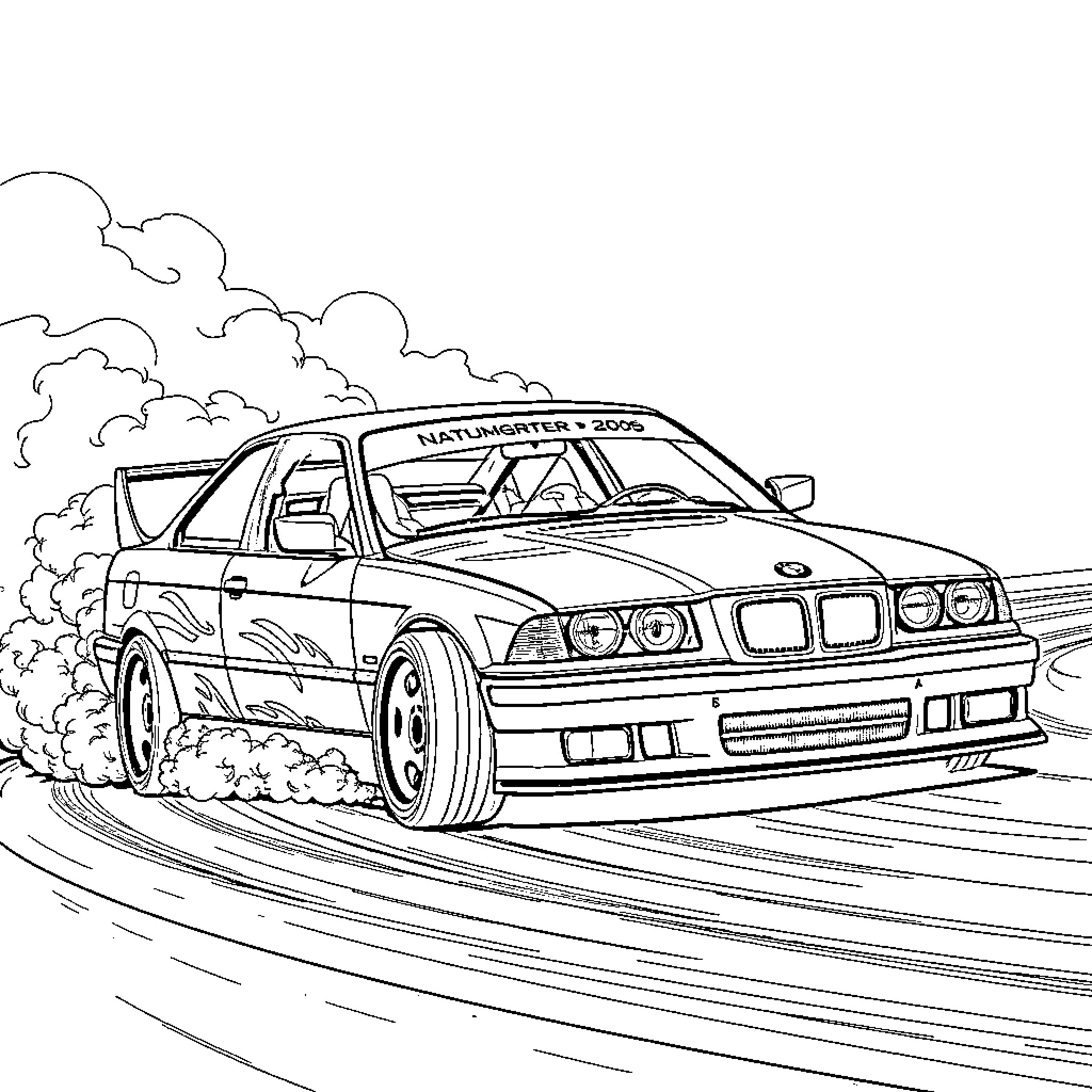 BMW Racing Car on Winding Road Coloring Page (free black-and-white line drawing printable PDF for all, from beginners to advanced learners, including children, teens, adults, and seniors)
