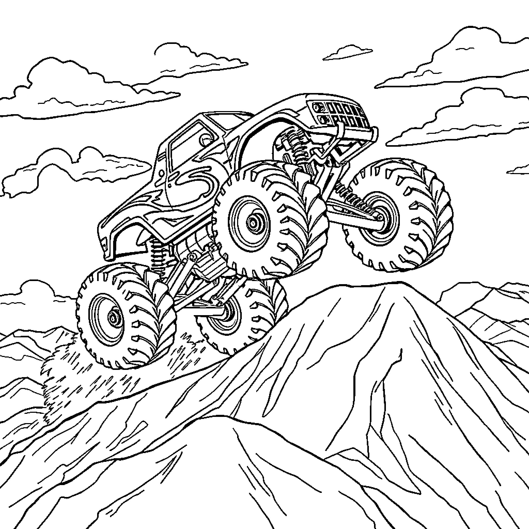 Monster Truck Conquering Challenging Terrain Coloring Page (free black-and-white line drawing printable PDF for all, from beginners to advanced learners, including children, teens, adults, and seniors)