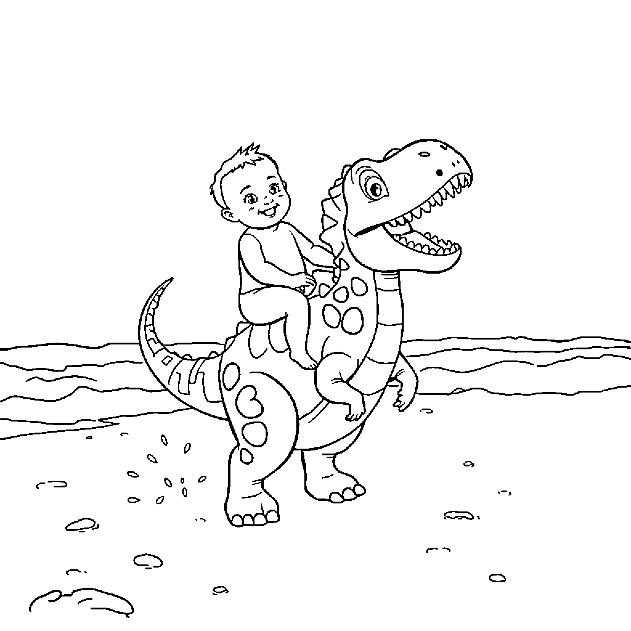 Baby riding a playful dinosaur on the beach Coloring Page (free black-and-white line drawing printable PDF for all, from beginners to advanced learners, including children, teens, adults, and seniors)