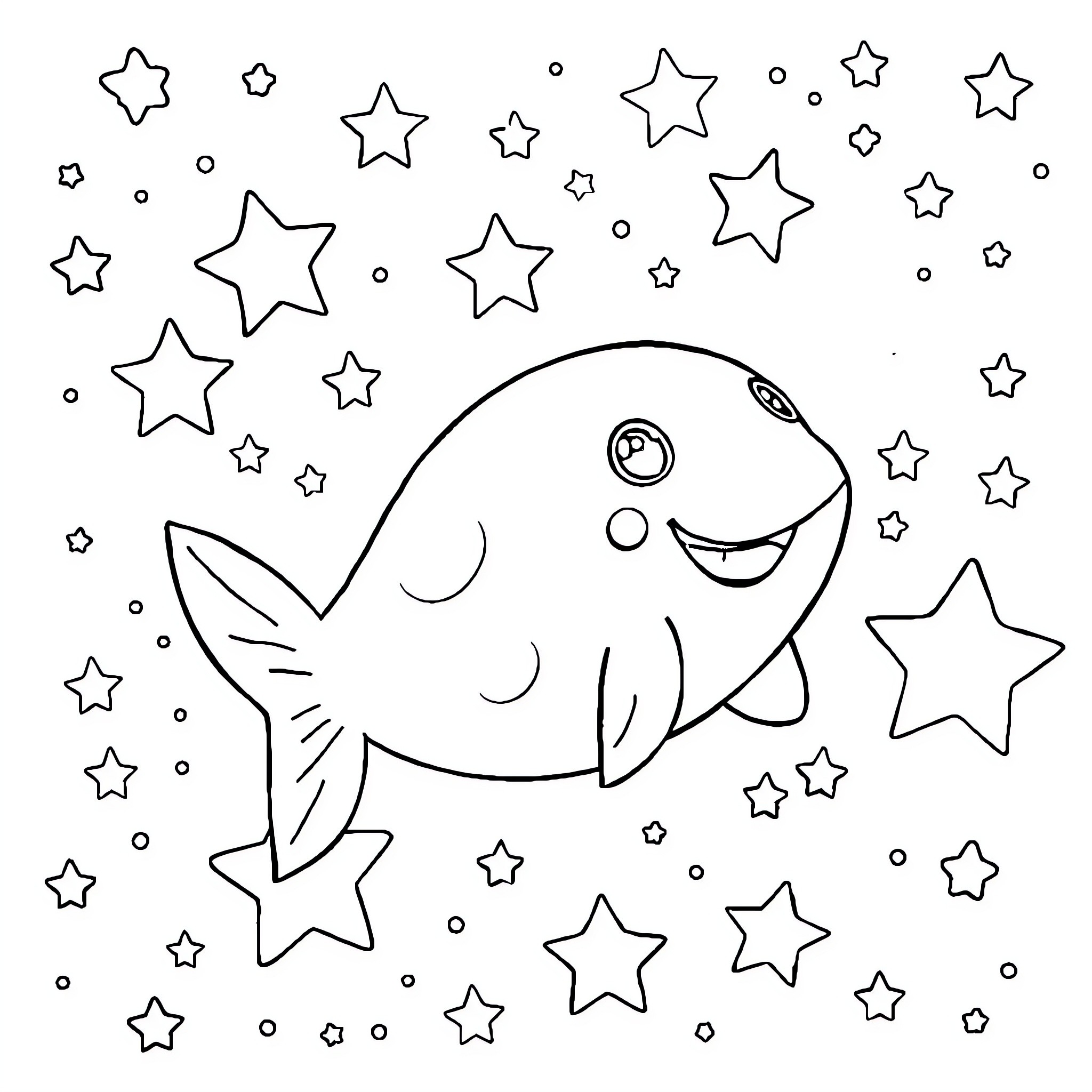 Labubu the Happy Fish among the Stars Coloring Page (free black-and-white line drawing printable PDF for all, from beginners to advanced learners, including children, teens, adults, and seniors)