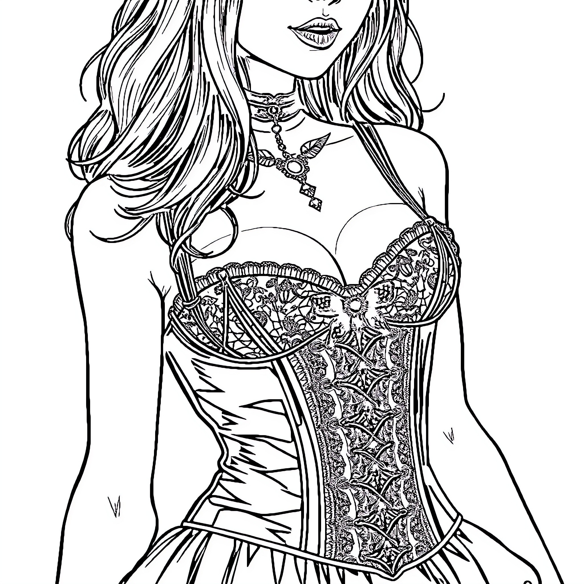 Goth Girl Posing Confidently in Ornate Corset Coloring Page (free black-and-white line drawing printable PDF for all, from beginners to advanced learners, including children, teens, adults, and seniors)