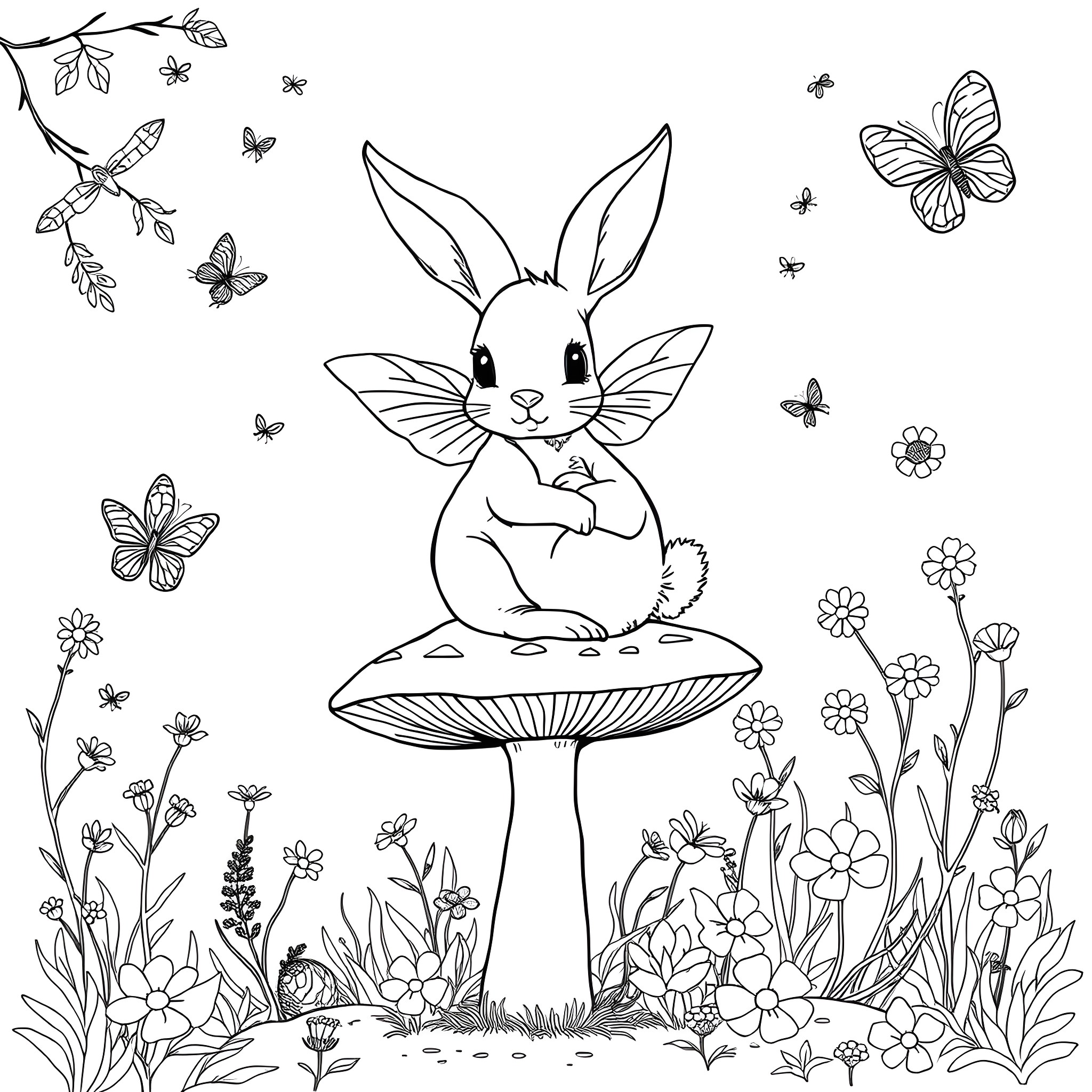 Bunny in a whimsical floral garden Coloring Page (free black-and-white line drawing printable PDF for all, from beginners to advanced learners, including children, teens, adults, and seniors)