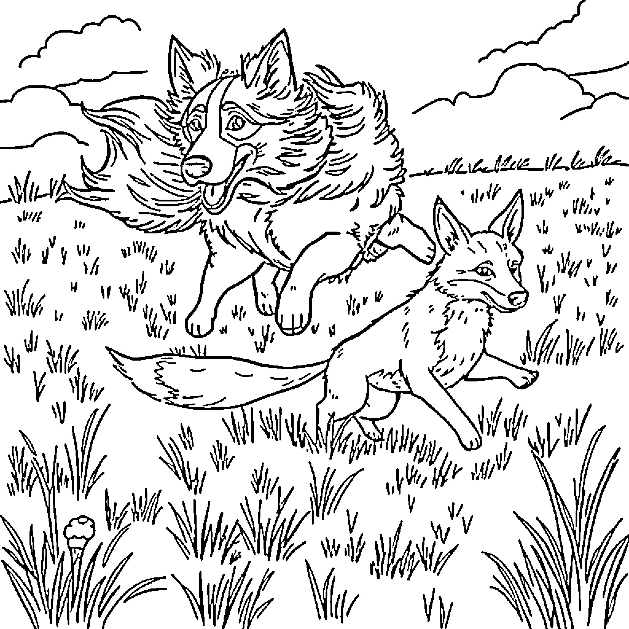 Collies exploring the wilderness Coloring Page (free black-and-white line drawing printable PDF for all, from beginners to advanced learners, including children, teens, adults, and seniors)