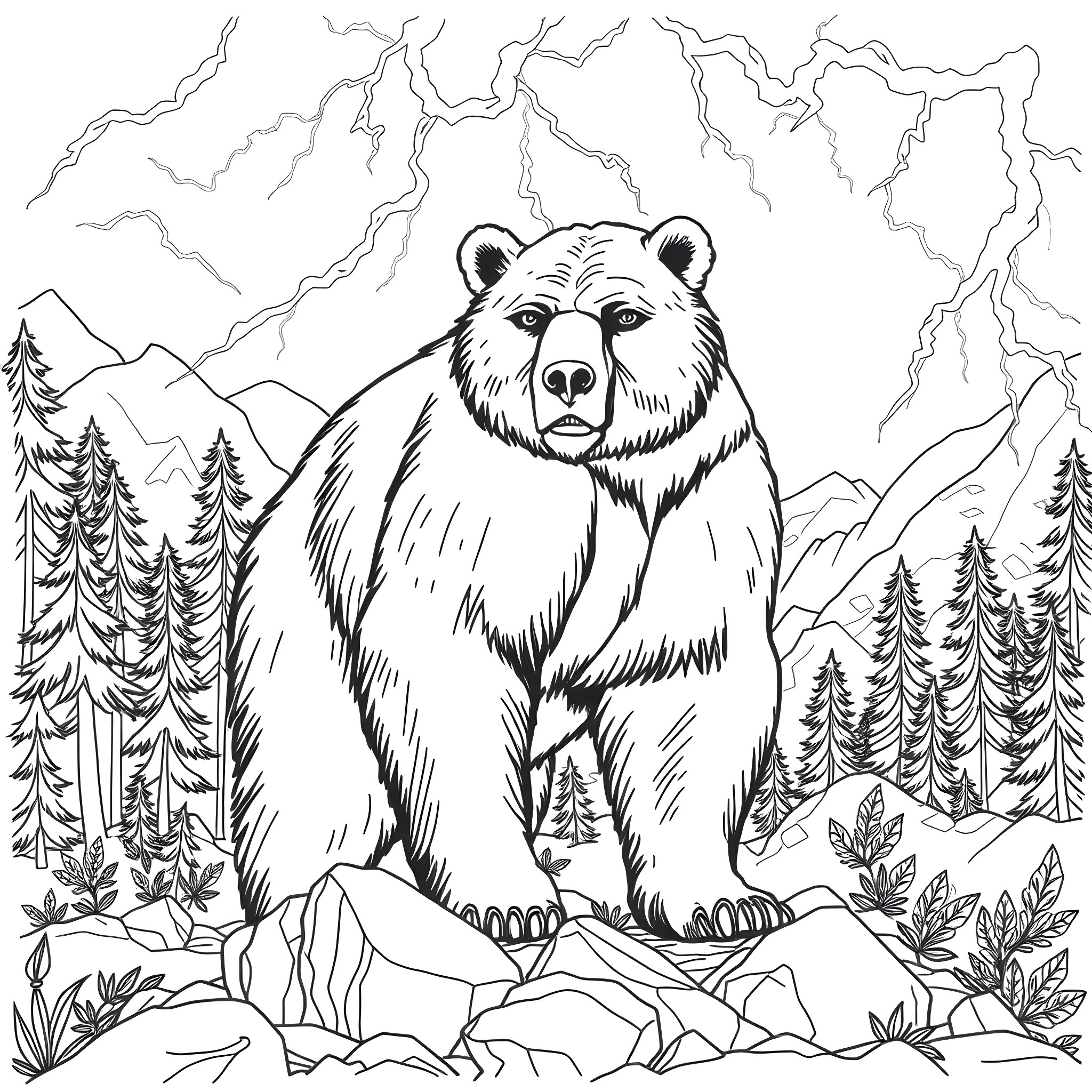 Grizzly Bear Standing Amidst Mountainous Landscape Coloring Page (free black-and-white line drawing printable PDF for all, from beginners to advanced learners, including children, teens, adults, and seniors)
