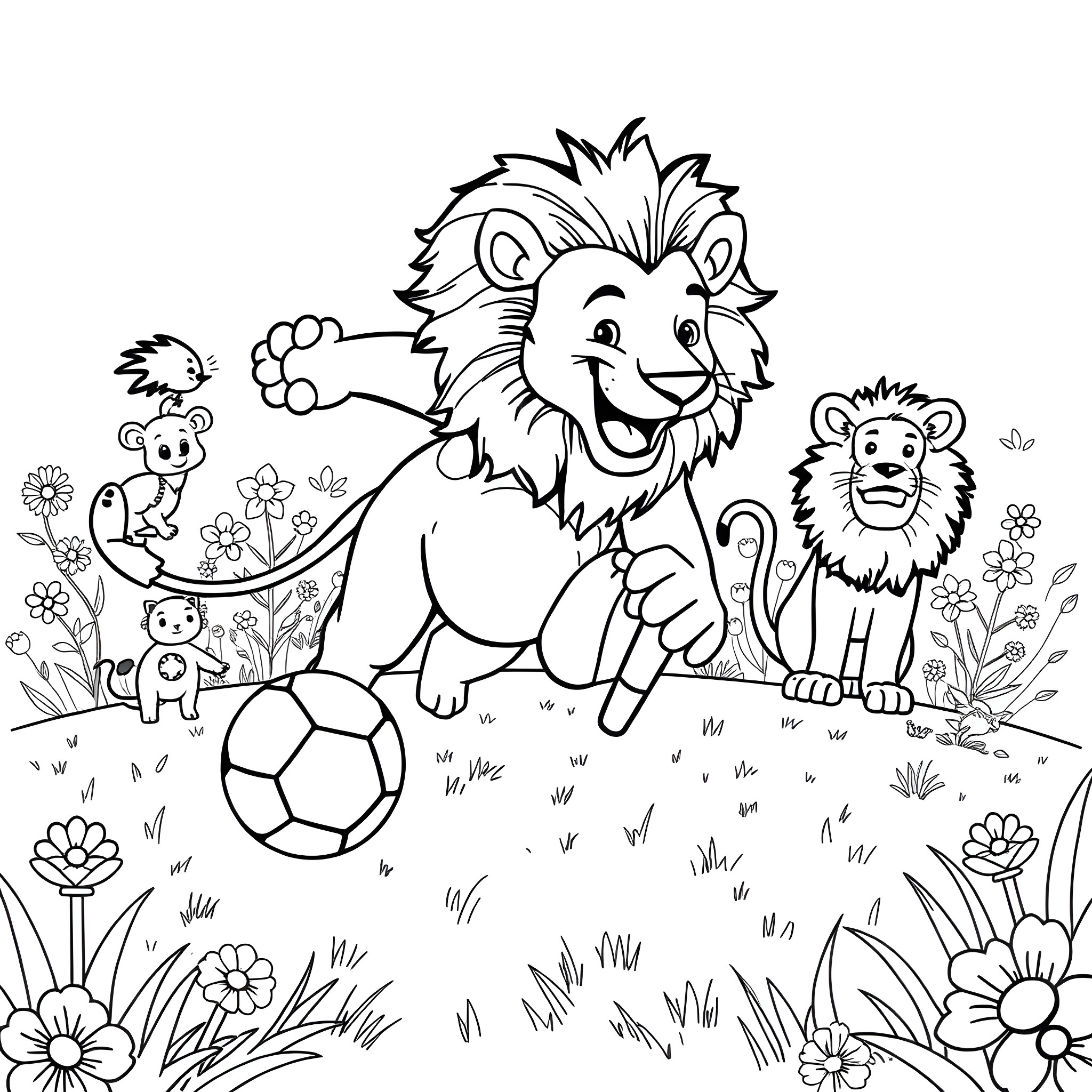 Lion playing with cubs in the park Coloring Page (free black-and-white line drawing printable PDF for all, from beginners to advanced learners, including children, teens, adults, and seniors)