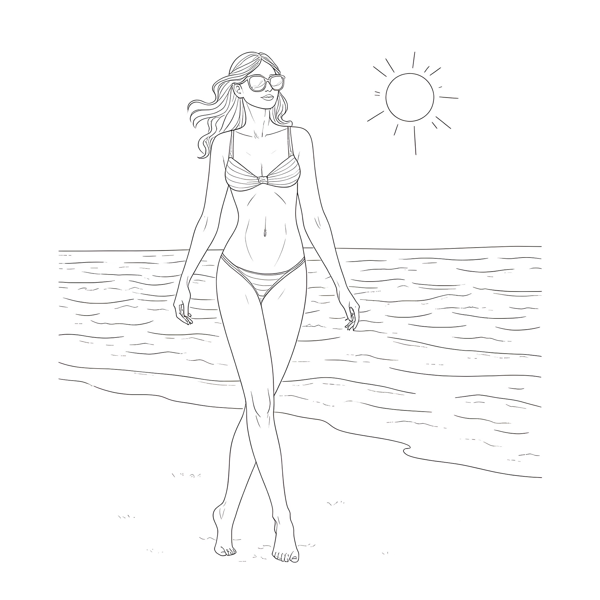 Woman enjoying the sun on the beach Coloring Page (free black-and-white line drawing printable PDF for all, from beginners to advanced learners, including children, teens, adults, and seniors)