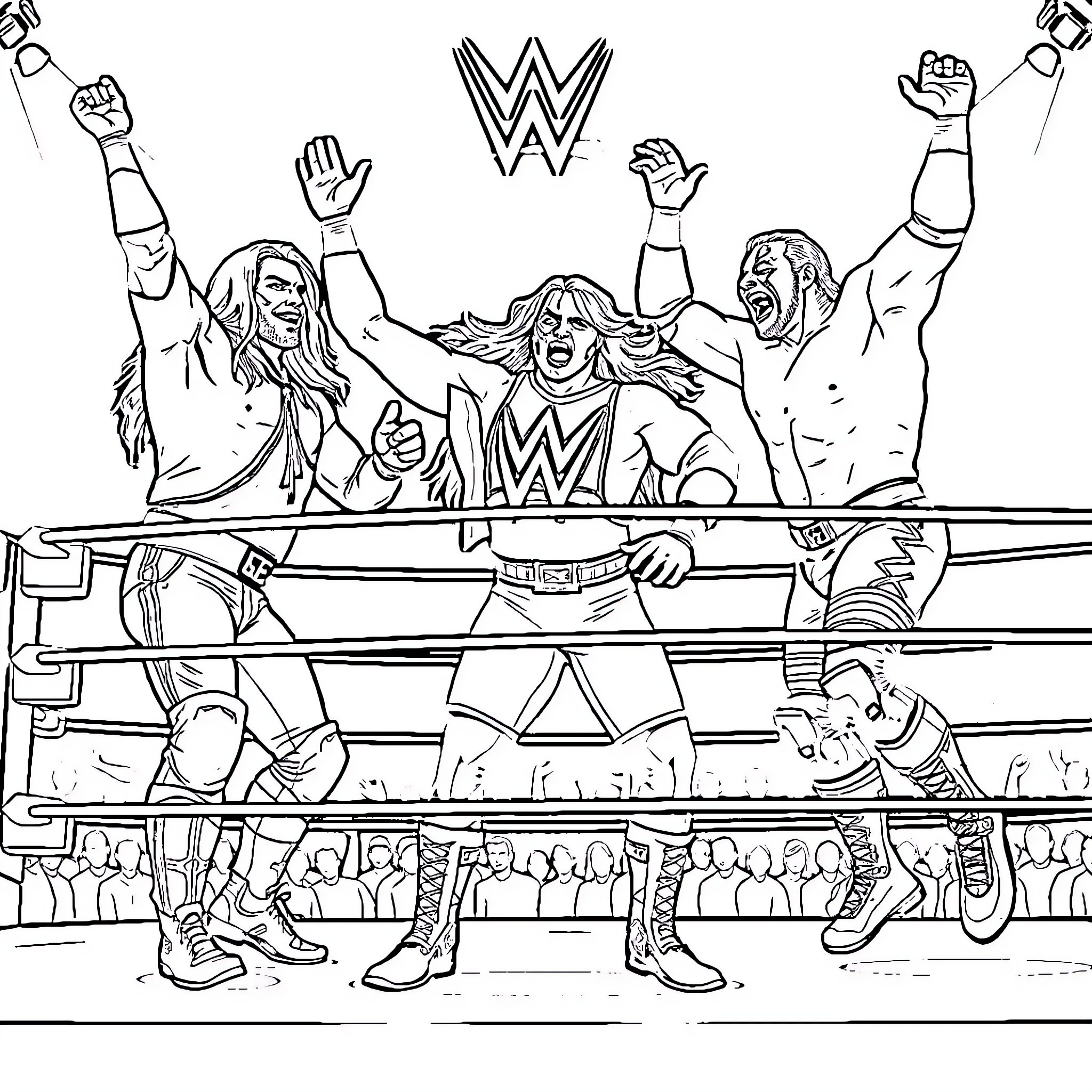 Wrestler Triumphant in Exciting Match Coloring Page (free black-and-white line drawing printable PDF for all, from beginners to advanced learners, including children, teens, adults, and seniors)