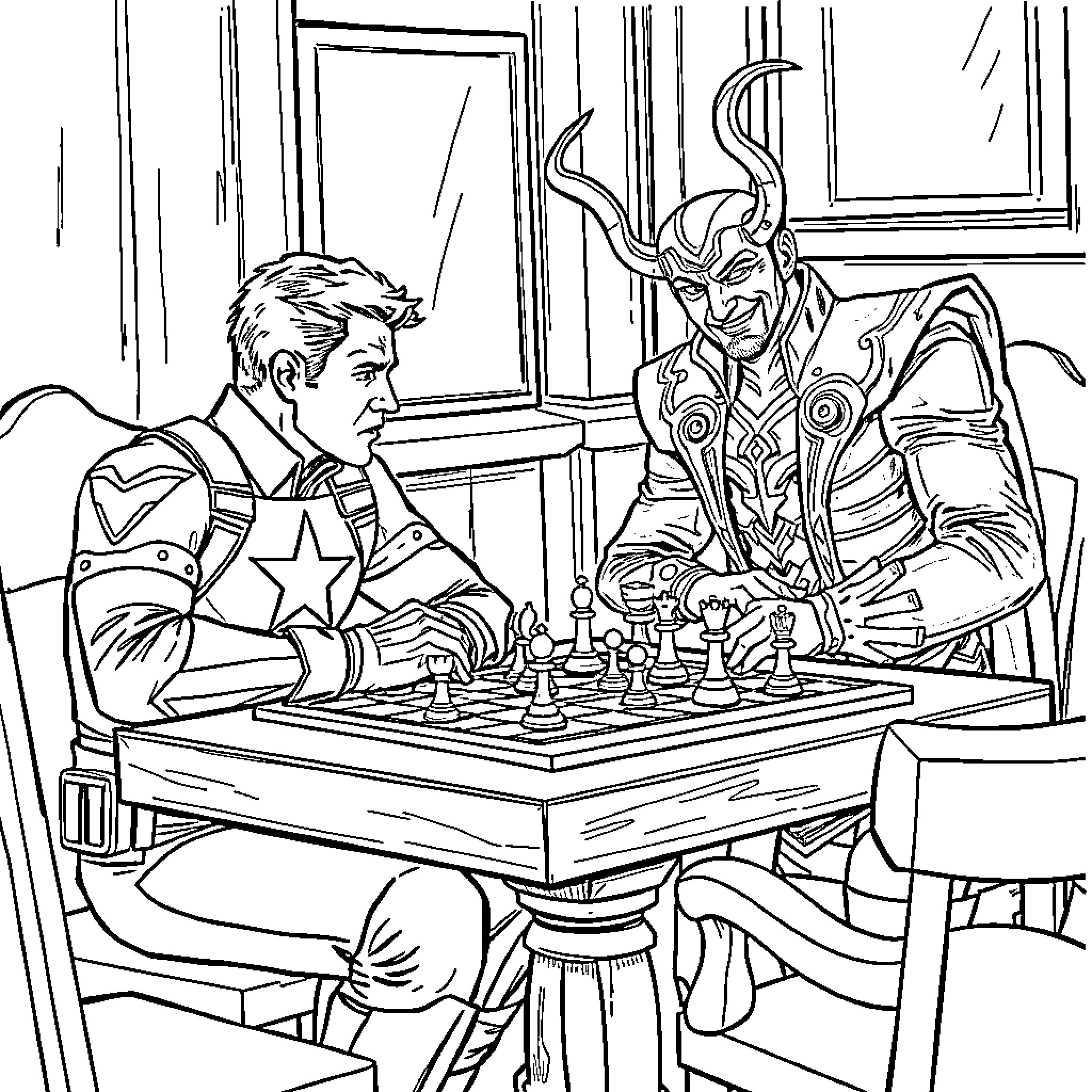 Captain America and Loki playing chess together Coloring Page (free black-and-white line drawing printable PDF for all, from beginners to advanced learners, including children, teens, adults, and seniors)