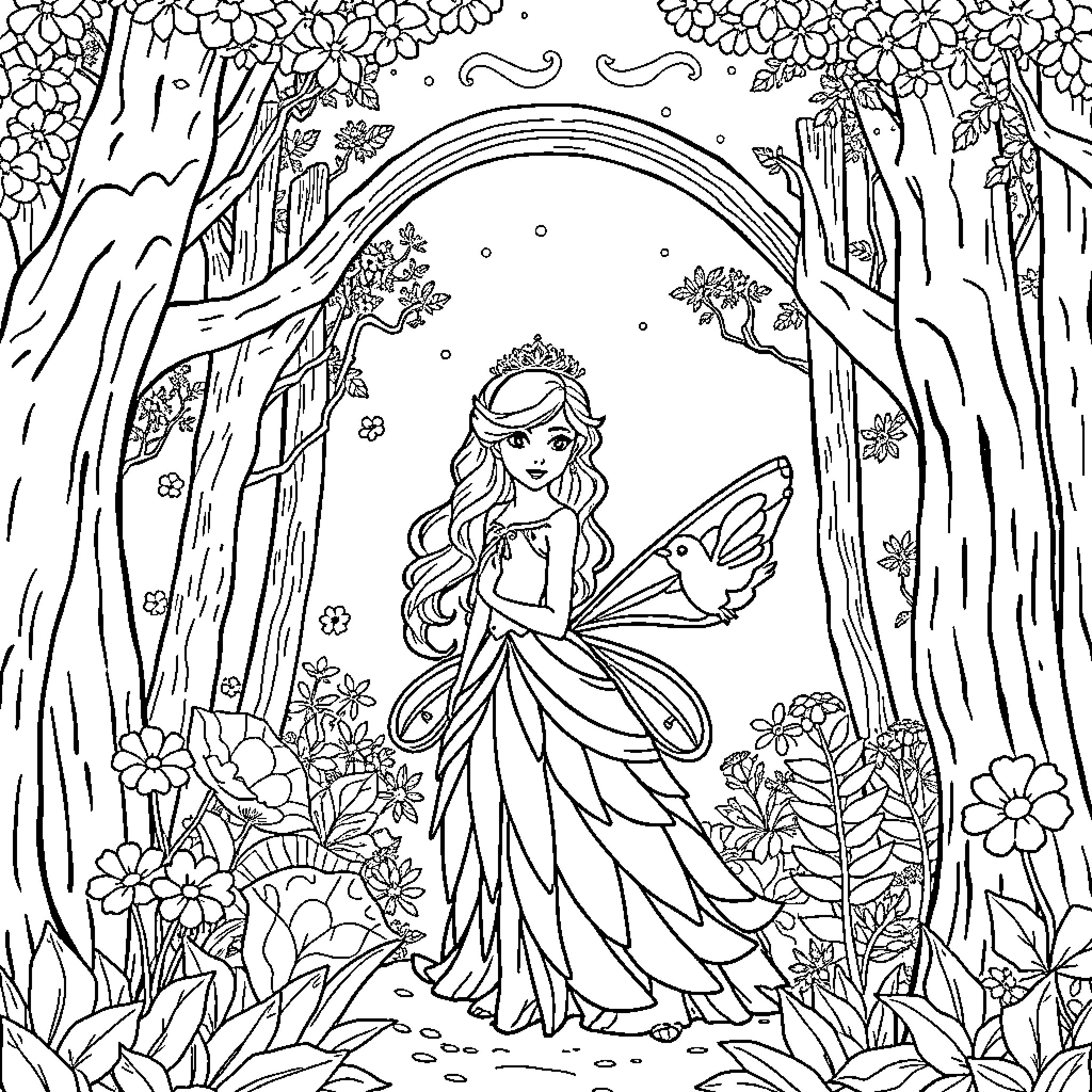 Feeorests' Enchanting Fairy Coloring Page (free black-and-white line drawing printable PDF for all, from beginners to advanced learners, including children, teens, adults, and seniors)