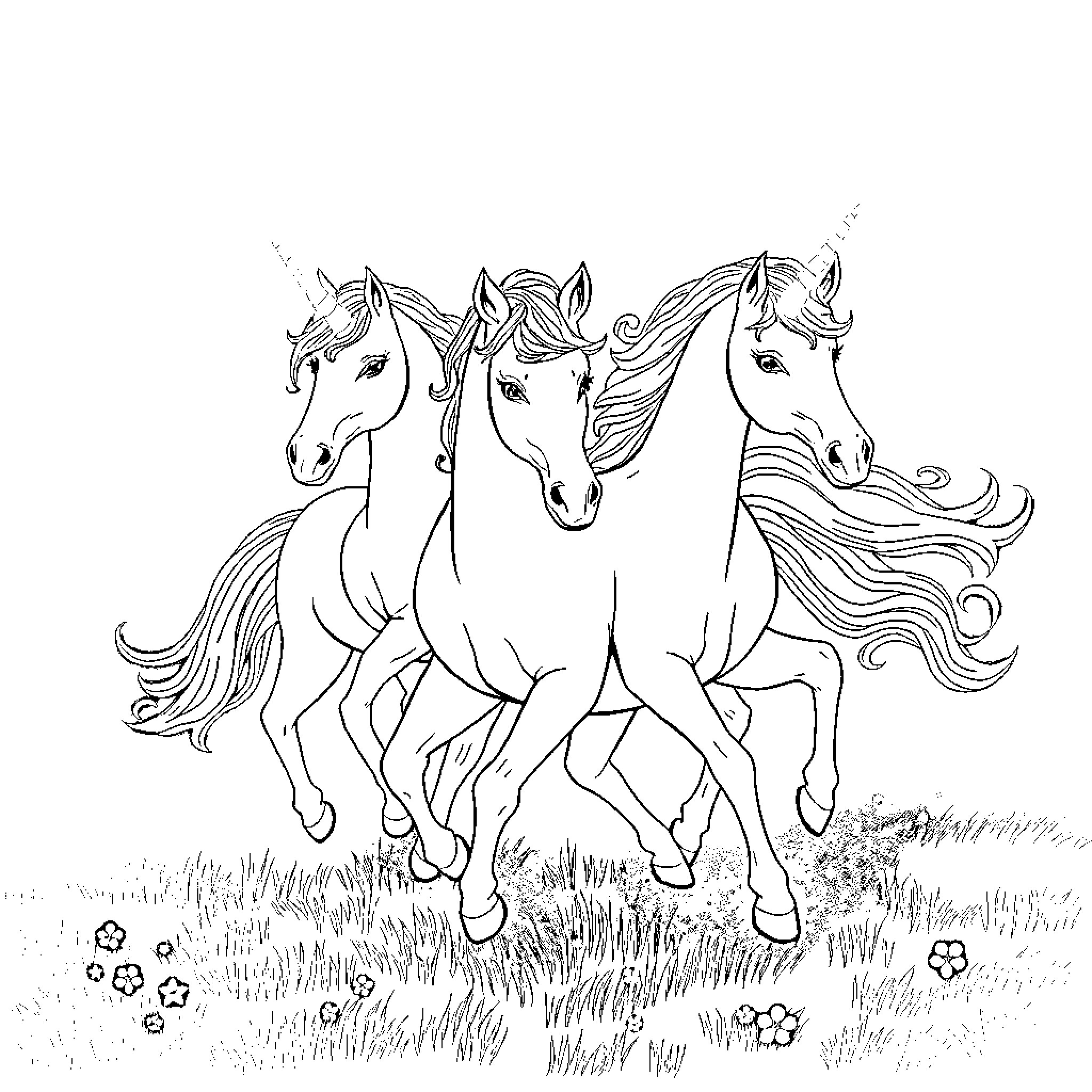Unicorn Herd Galloping through Meadow Coloring Page (free black-and-white line drawing printable PDF for all, from beginners to advanced learners, including children, teens, adults, and seniors)