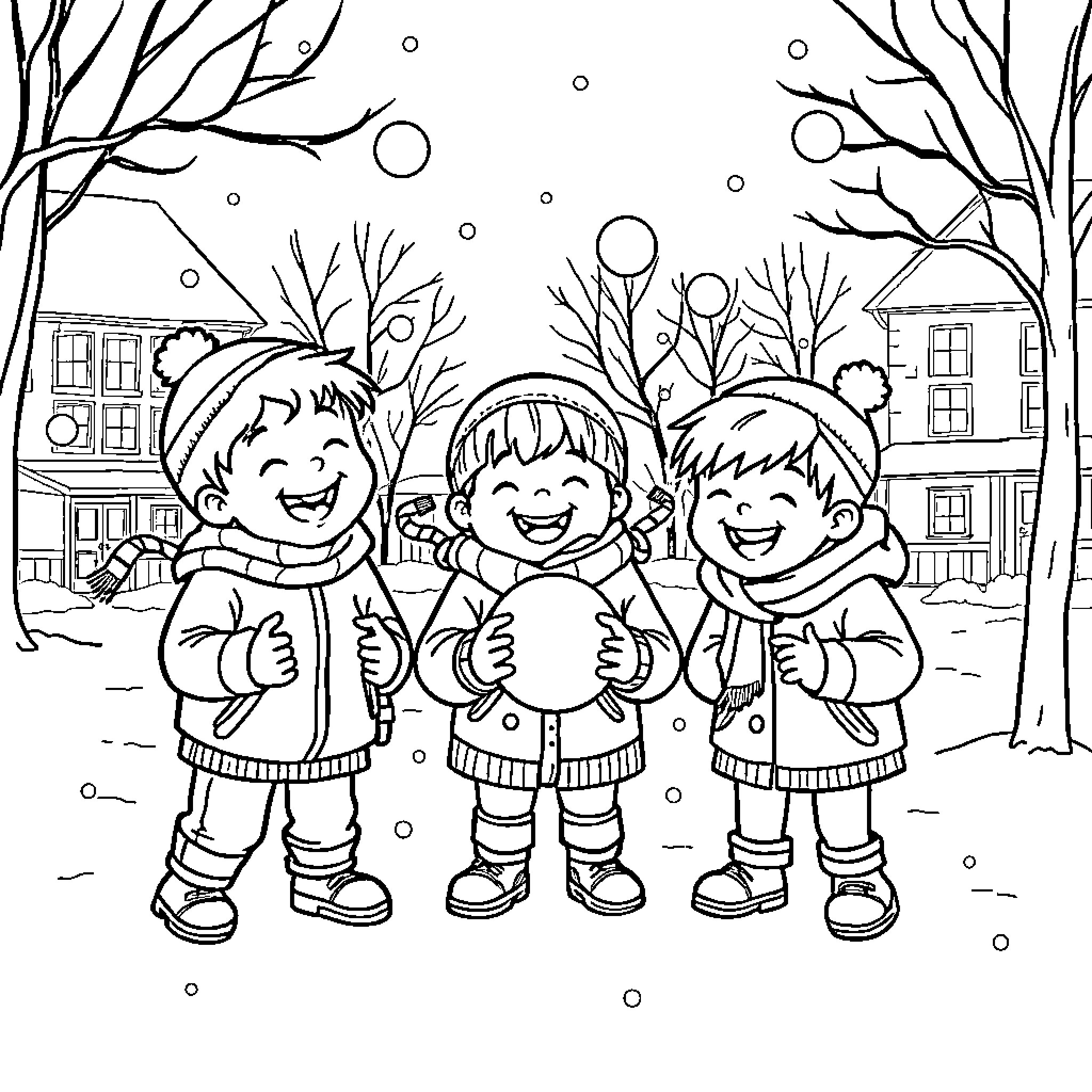 Kid playing joyfully in the winter wonderland Coloring Page (free black-and-white line drawing printable PDF for all, from beginners to advanced learners, including children, teens, adults, and seniors)
