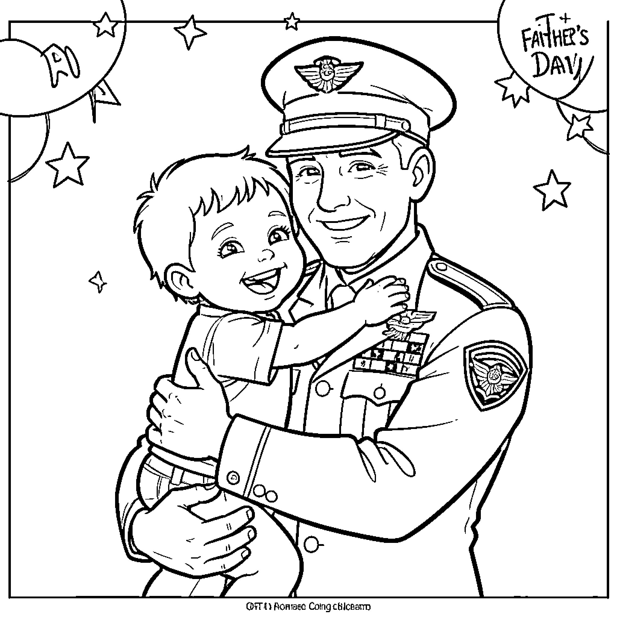 Dad in pilot uniform hugging smiling toddler Coloring Page (free black-and-white line drawing printable PDF for all, from beginners to advanced learners, including children, teens, adults, and seniors)