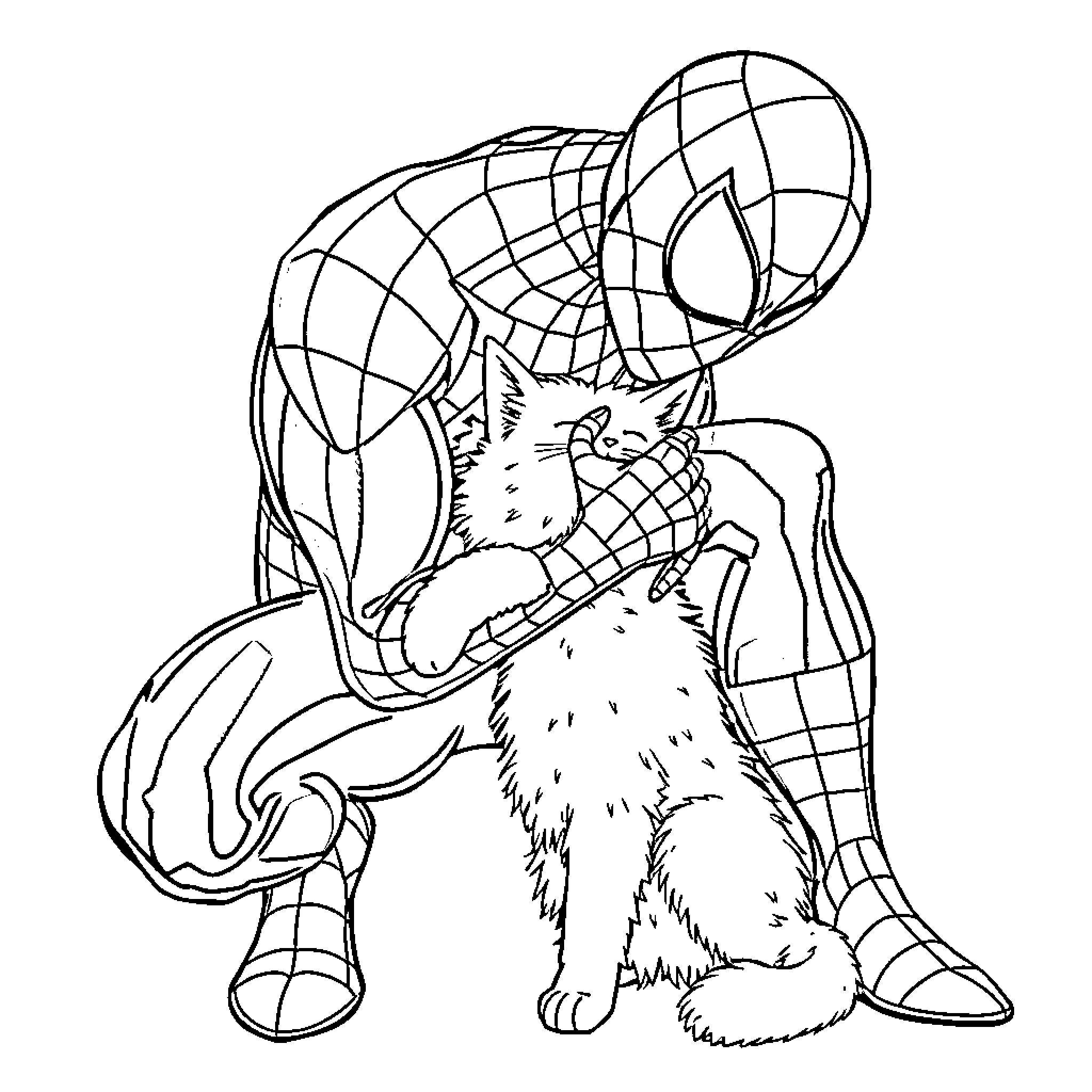 Spiderman encountering a curious cat Coloring Page (free black-and-white line drawing printable PDF for all, from beginners to advanced learners, including children, teens, adults, and seniors)
