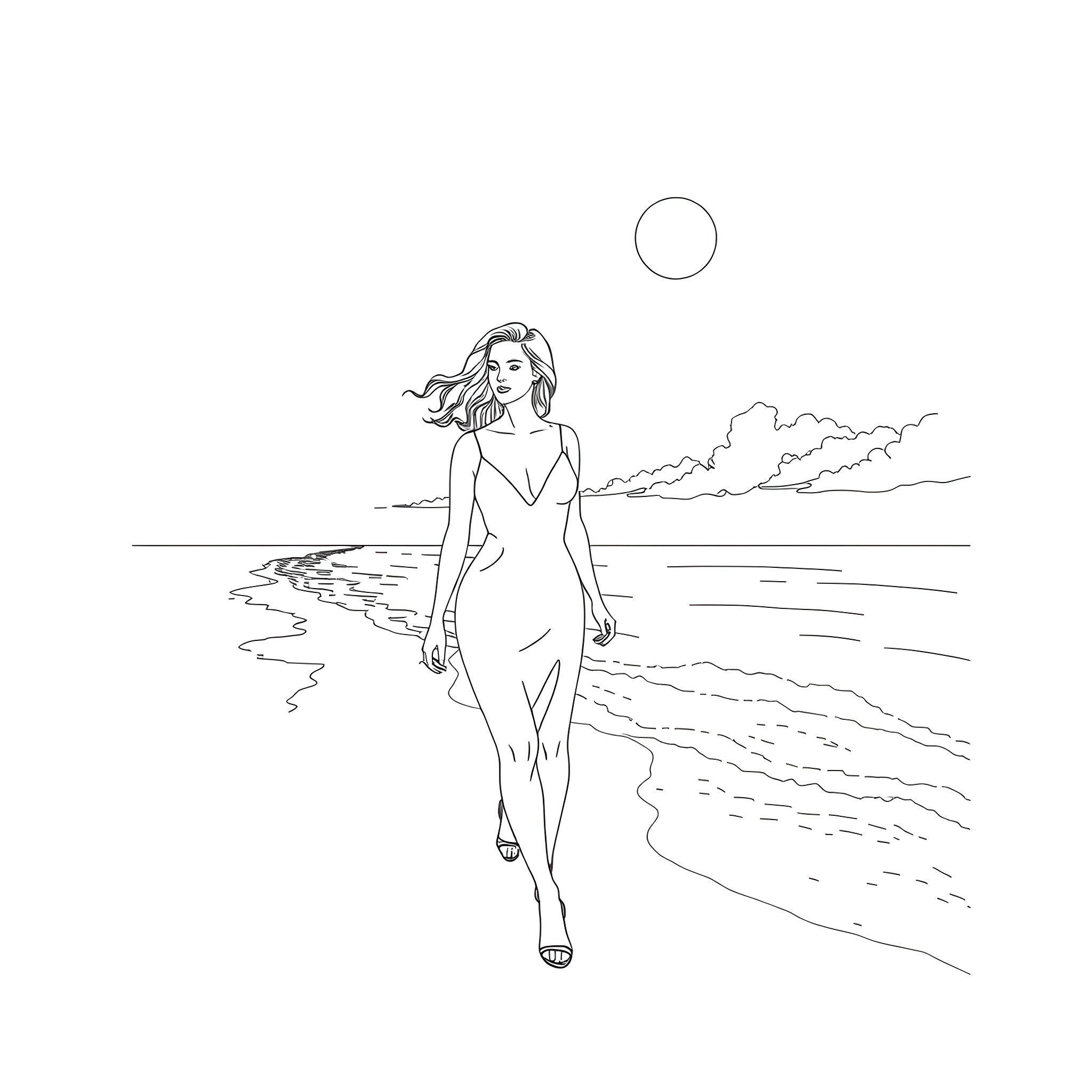 Christina Hendricks walking gracefully along the beach Coloring Page (free black-and-white line drawing printable PDF for all, from beginners to advanced learners, including children, teens, adults, and seniors)