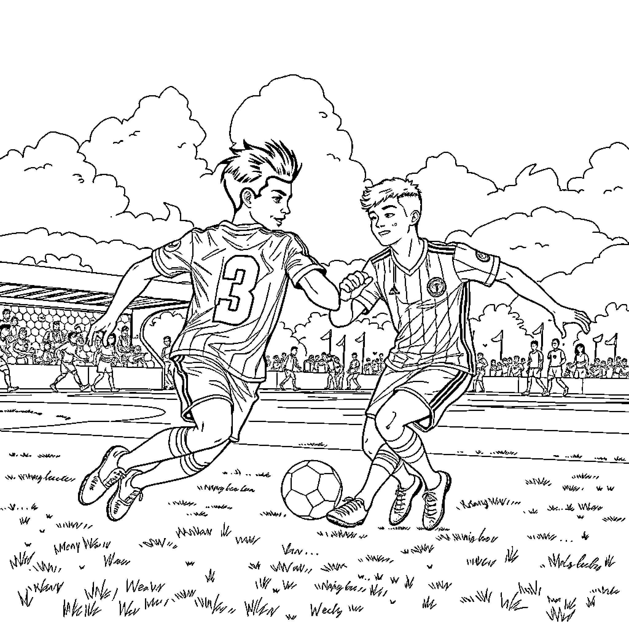 Football players competing on the field Coloring Page (free black-and-white line drawing printable PDF for all, from beginners to advanced learners, including children, teens, adults, and seniors)