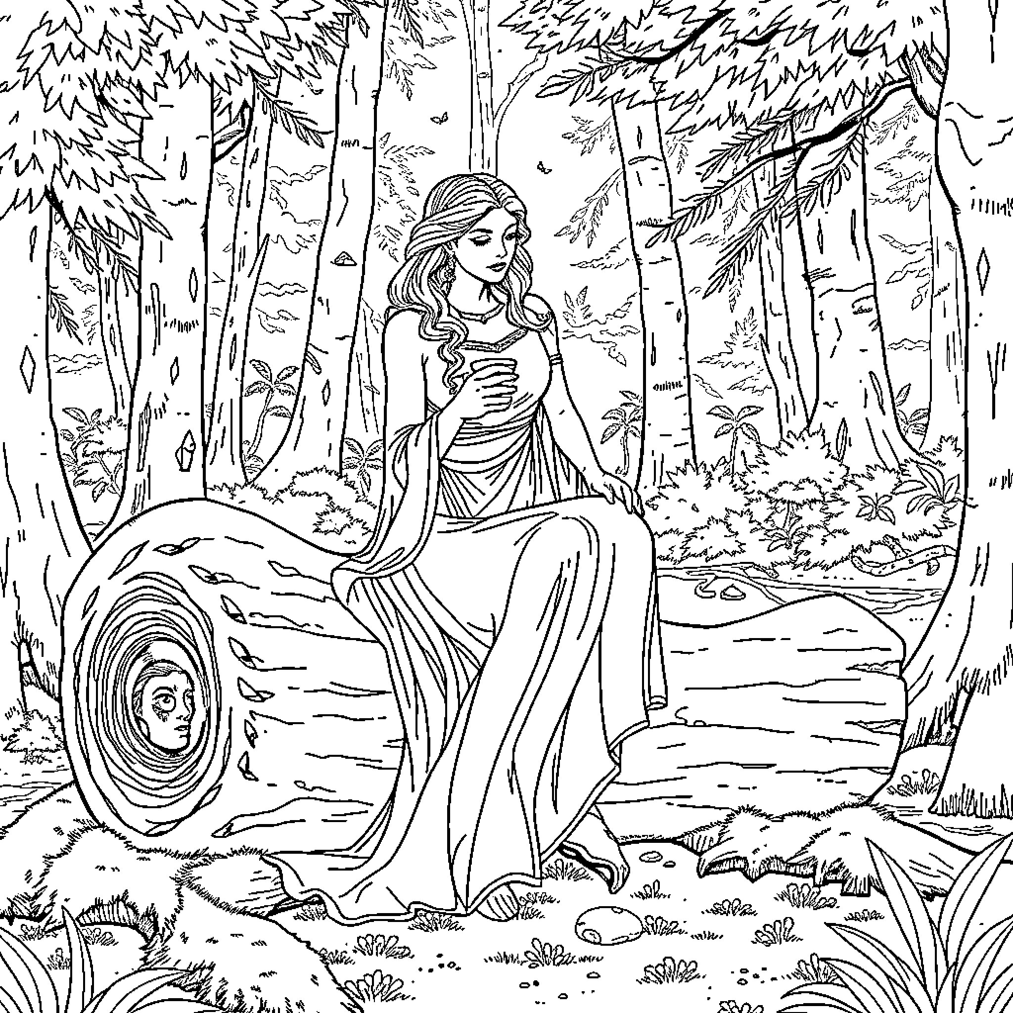 Goddess relaxing in magical forest scenery Coloring Page (free black-and-white line drawing printable PDF for all, from beginners to advanced learners, including children, teens, adults, and seniors)