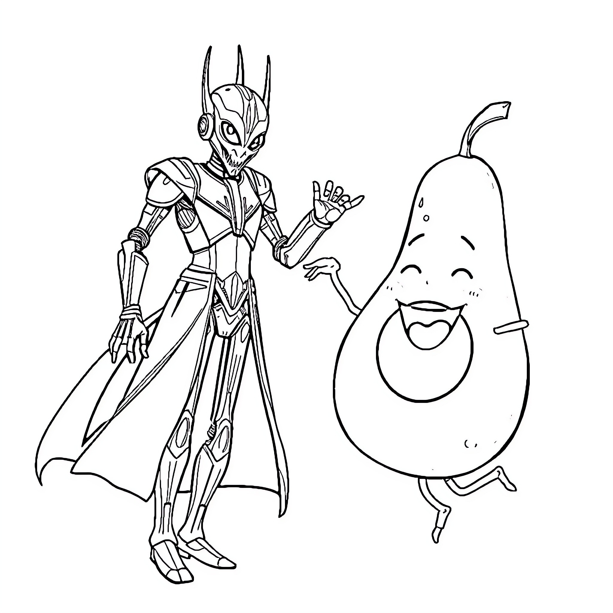 General Grievous interacting with a friendly pear-shaped character Coloring Page (free black-and-white line drawing printable PDF for all, from beginners to advanced learners, including children, teens, adults, and seniors)