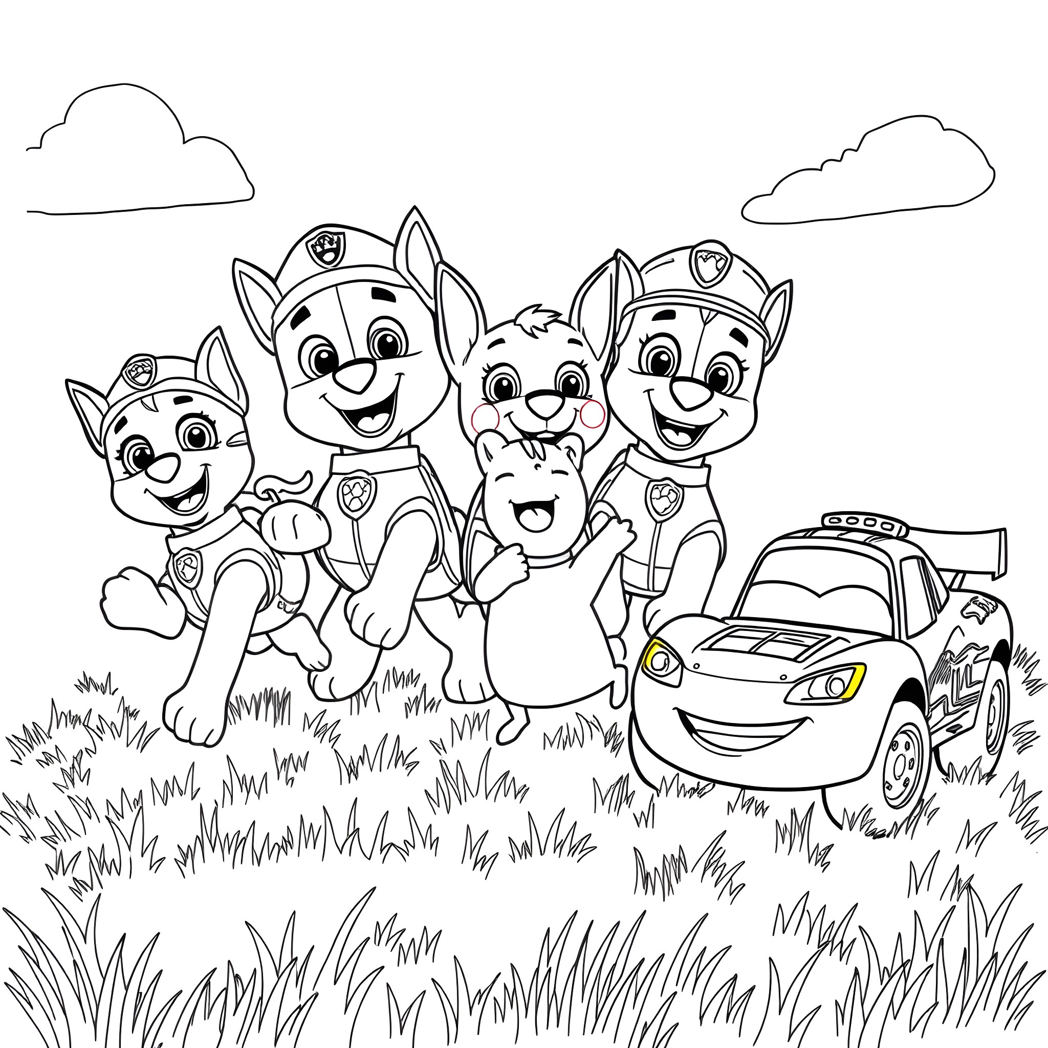 Paw Patrol characters playing happily in the field Coloring Page (free black-and-white line drawing printable PDF for all, from beginners to advanced learners, including children, teens, adults, and seniors)
