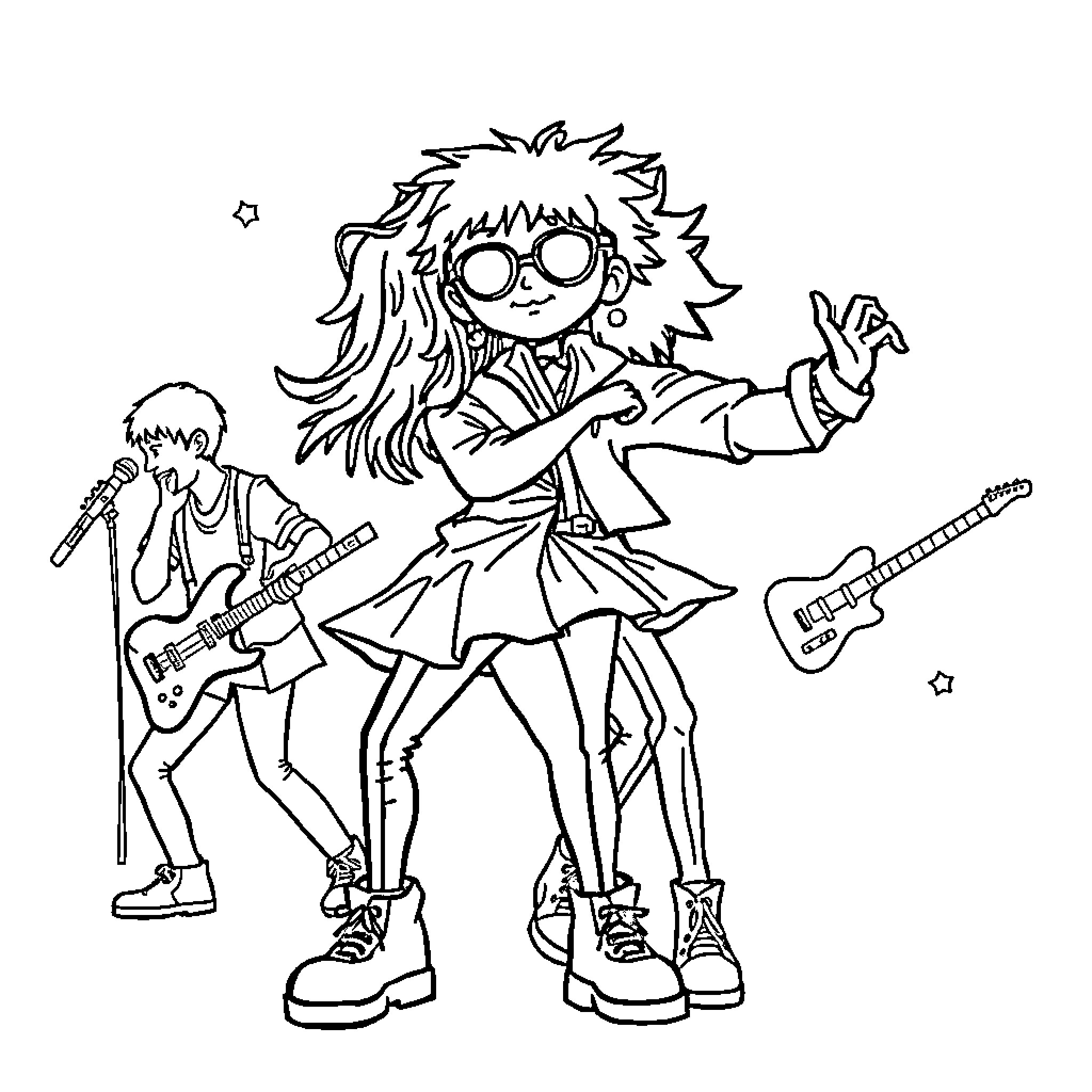 K Pop Anime-Style Rock Band Performing Coloring Page (free black-and-white line drawing printable PDF for all, from beginners to advanced learners, including children, teens, adults, and seniors)