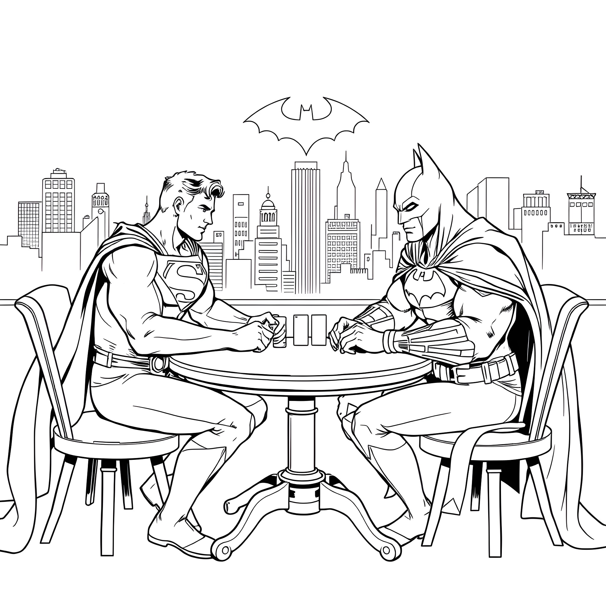 Superman and Batman having a discussion in the city Coloring Page (free black-and-white line drawing printable PDF for all, from beginners to advanced learners, including children, teens, adults, and seniors)