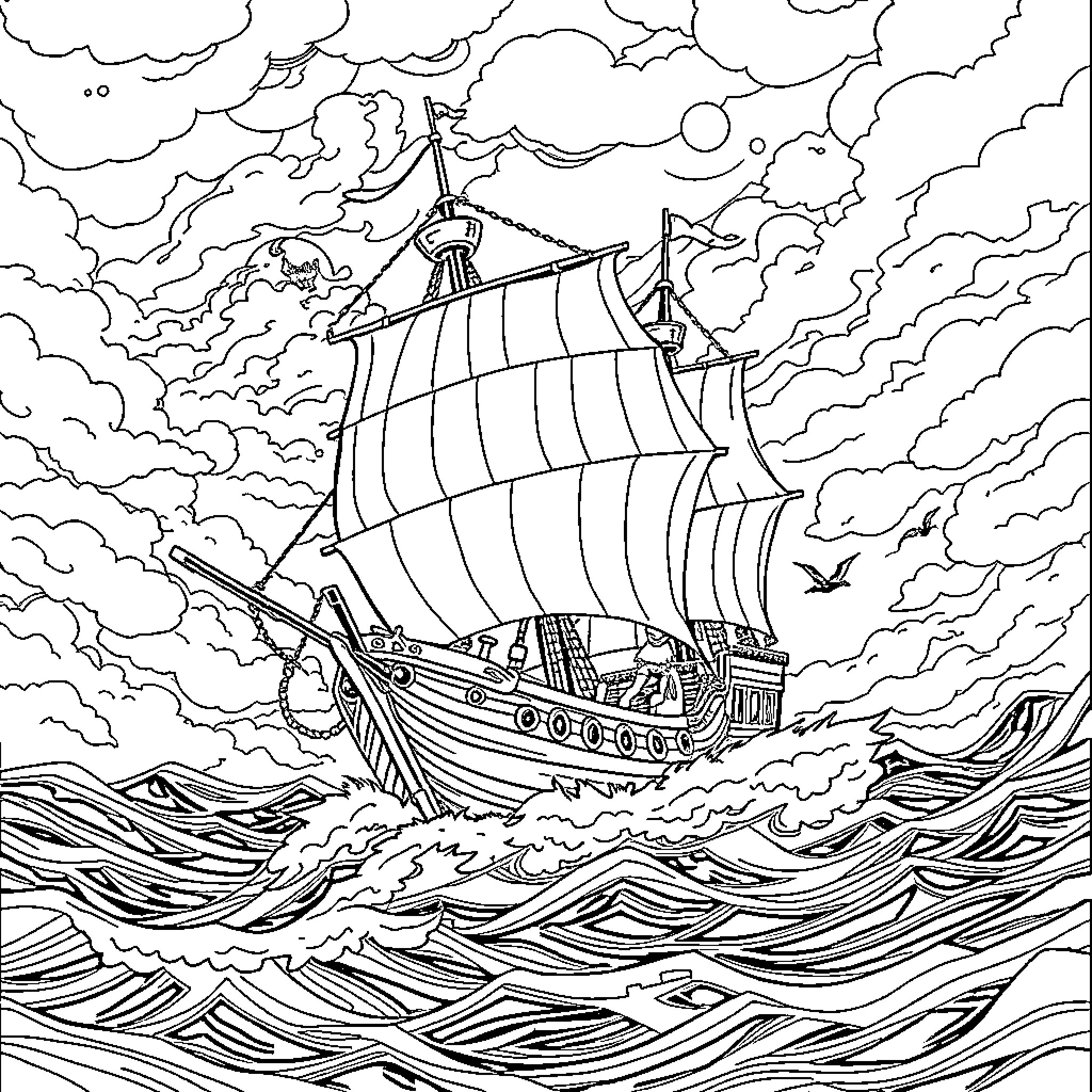 Flying Dutchman ship sailing on stormy seas Coloring Page (free black-and-white line drawing printable PDF for all, from beginners to advanced learners, including children, teens, adults, and seniors)